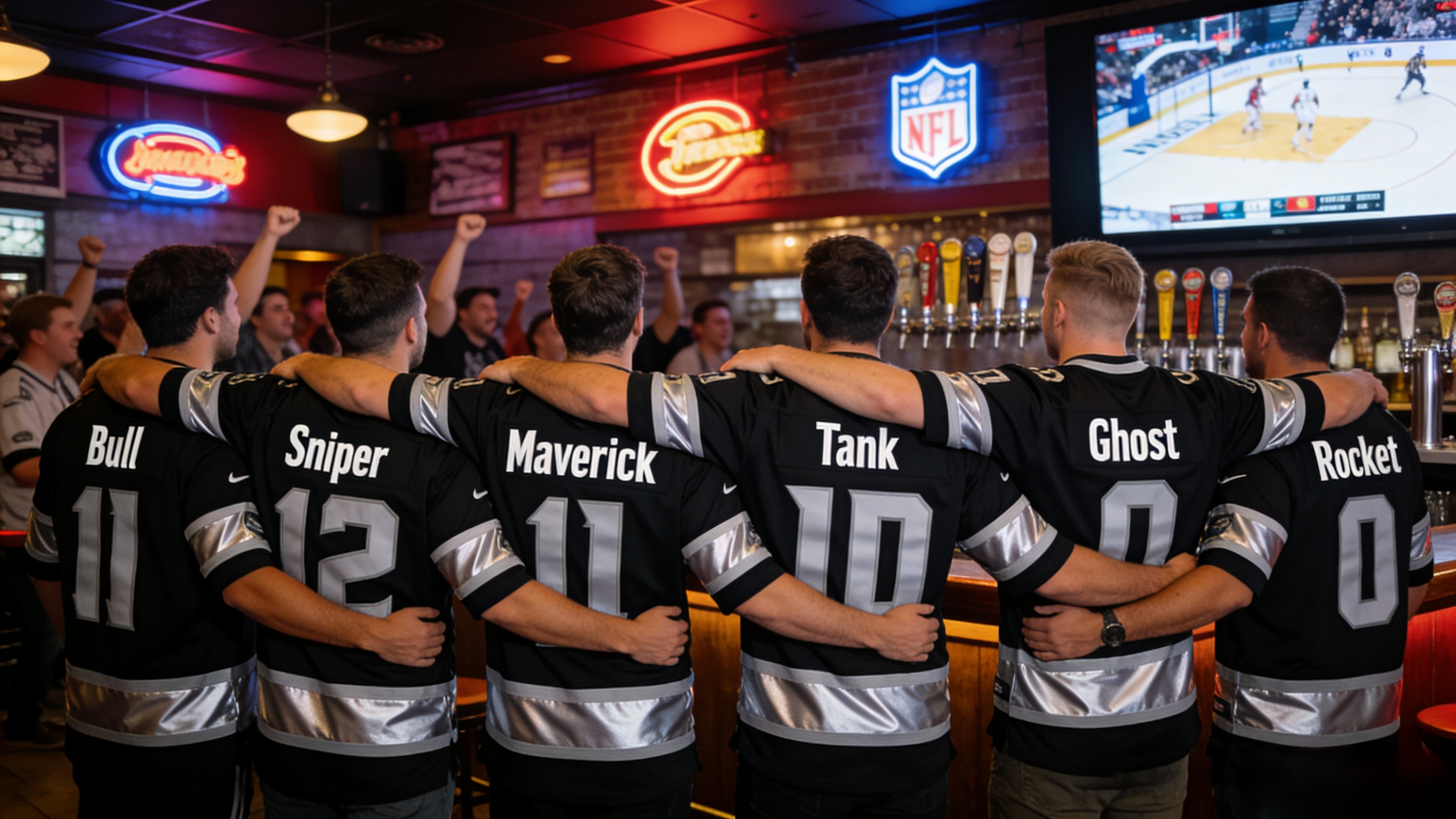 A group of groomsmen wearing matching custom jerseys at a bachelor party.