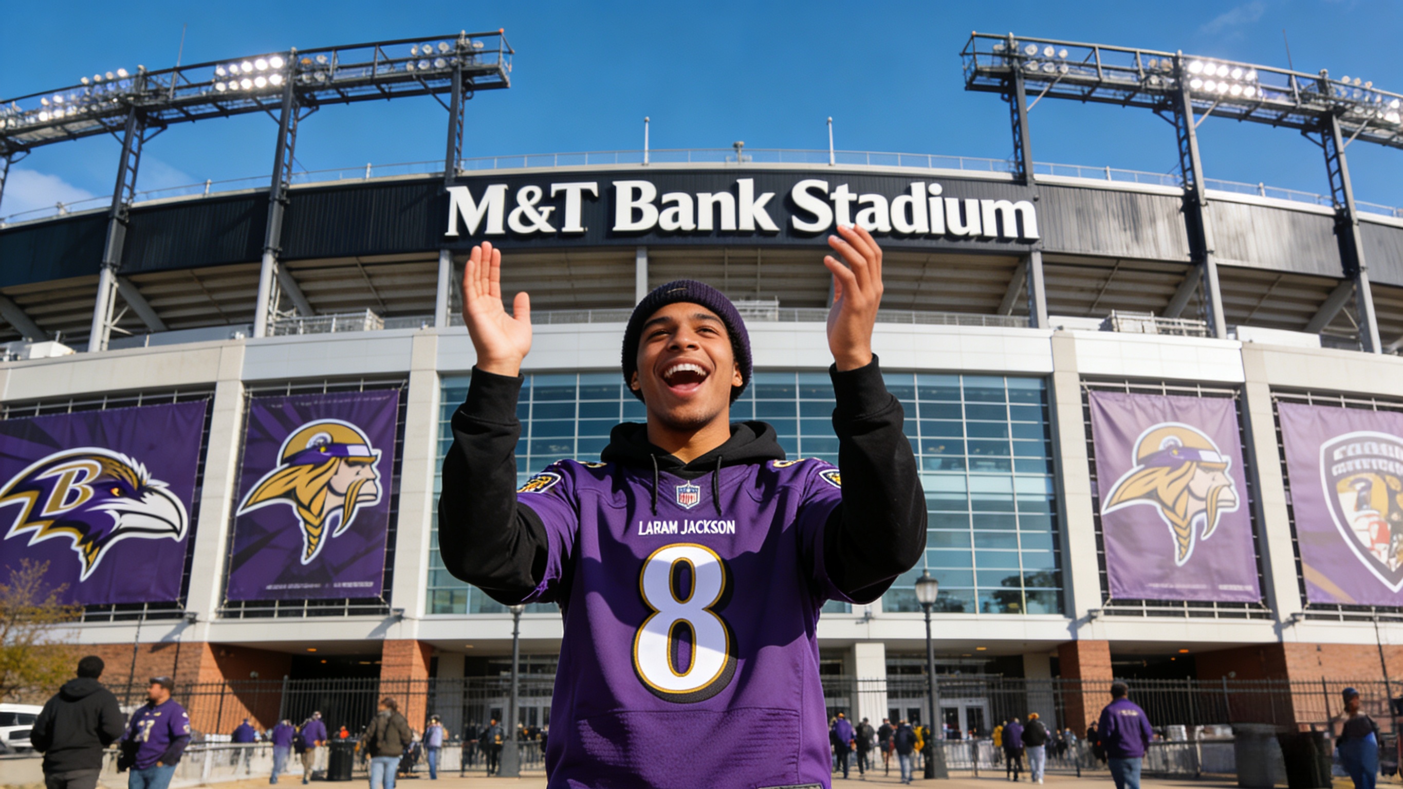 A fan wearing a Lamar Jackson jersey cheering outside M&T Bank Stadium