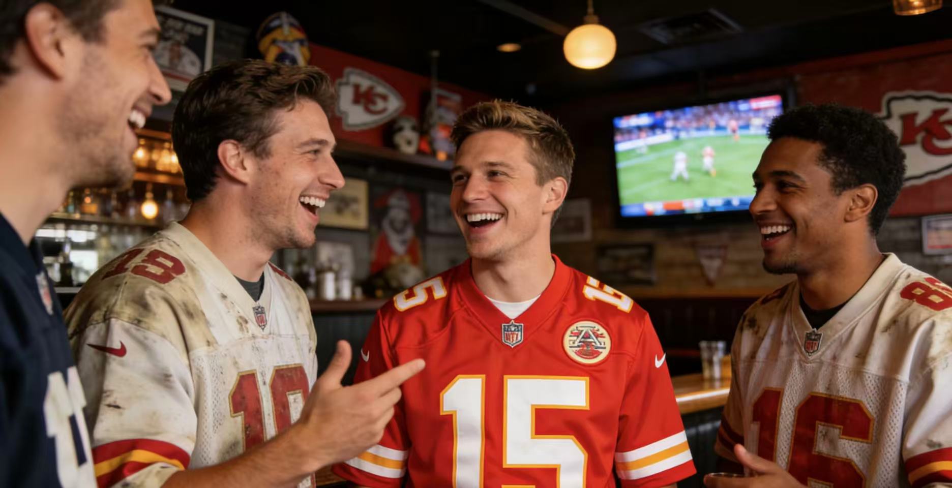 A fan wearing a brand new Patrick Mahomes jersey among a group of sports fans.