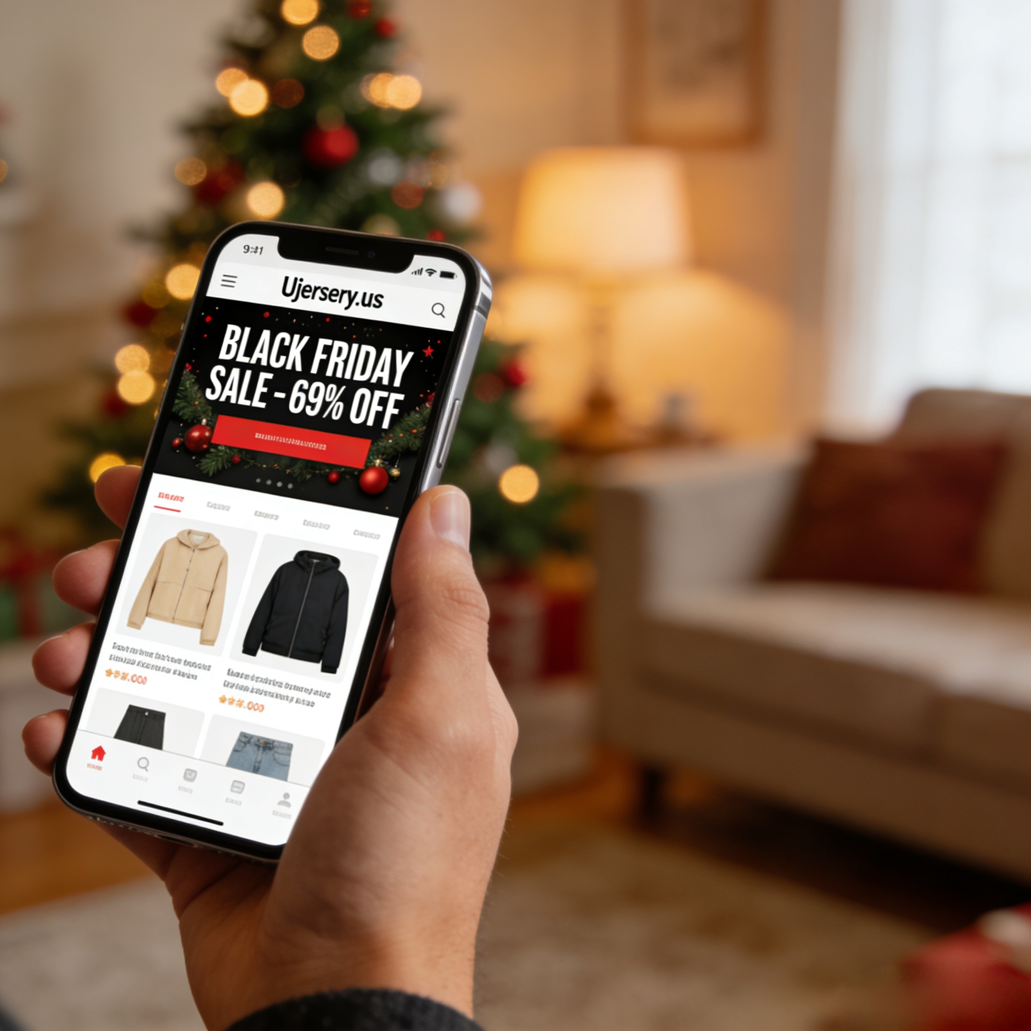 A person holding a smartphone showing the Ujersery.us Black Friday sale banner