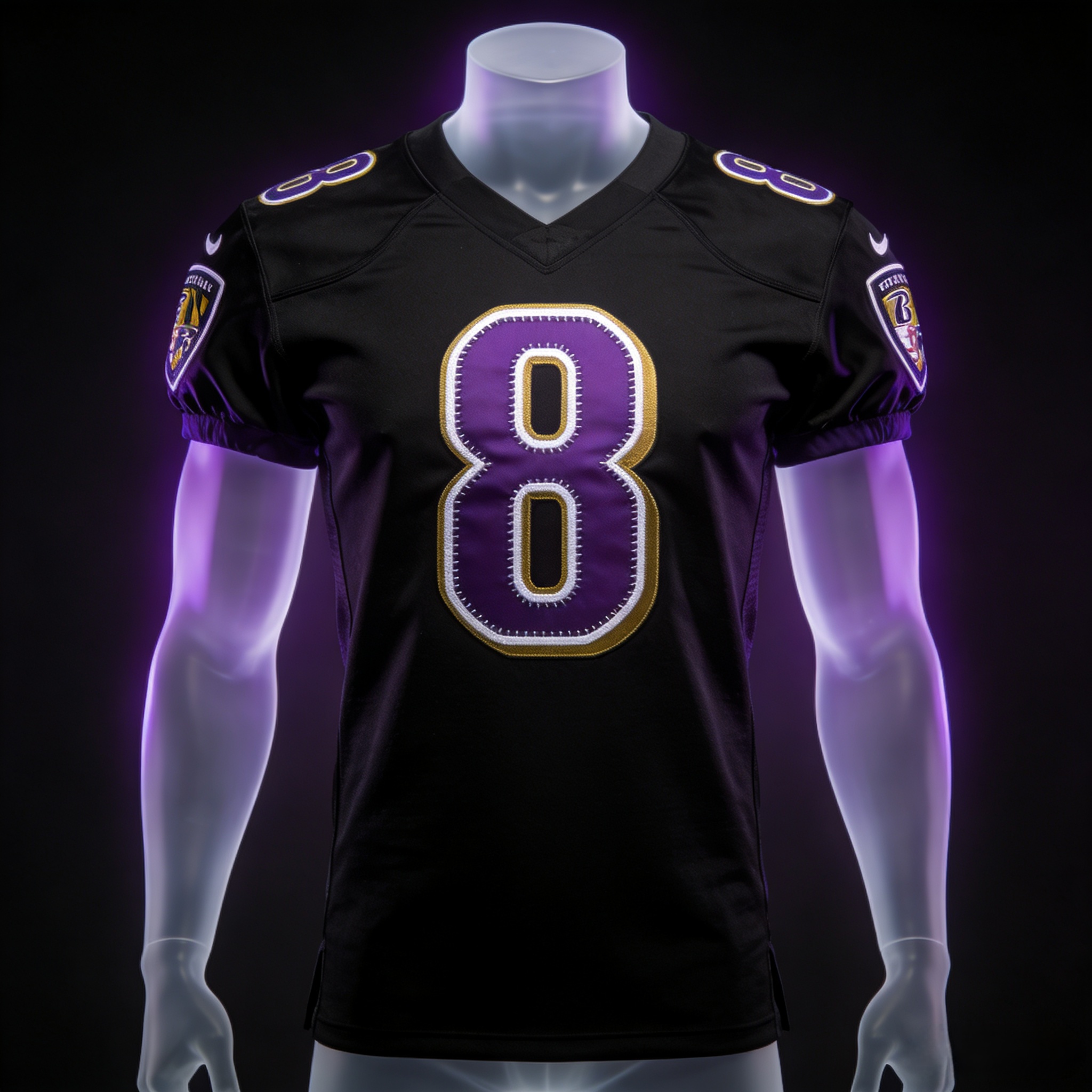 Black Baltimore Ravens alternate jersey with purple stitched numbers.