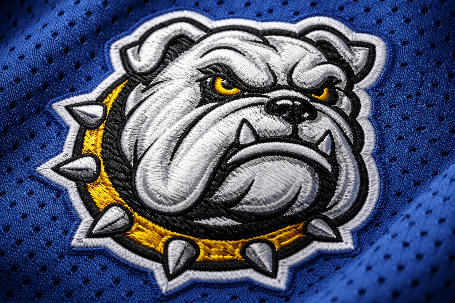  Macro close up of the stitched Bulldog mascot logo on a blue hockey jersey