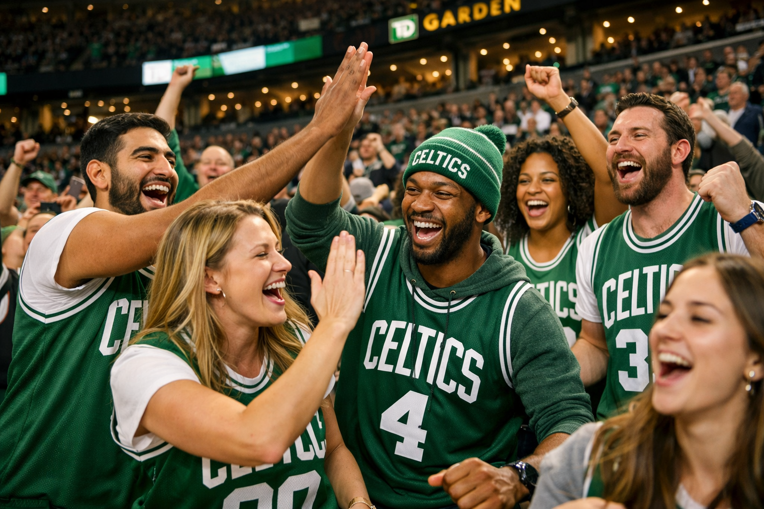 A fan wearing a Celtics jersey cheering at a basketball arena