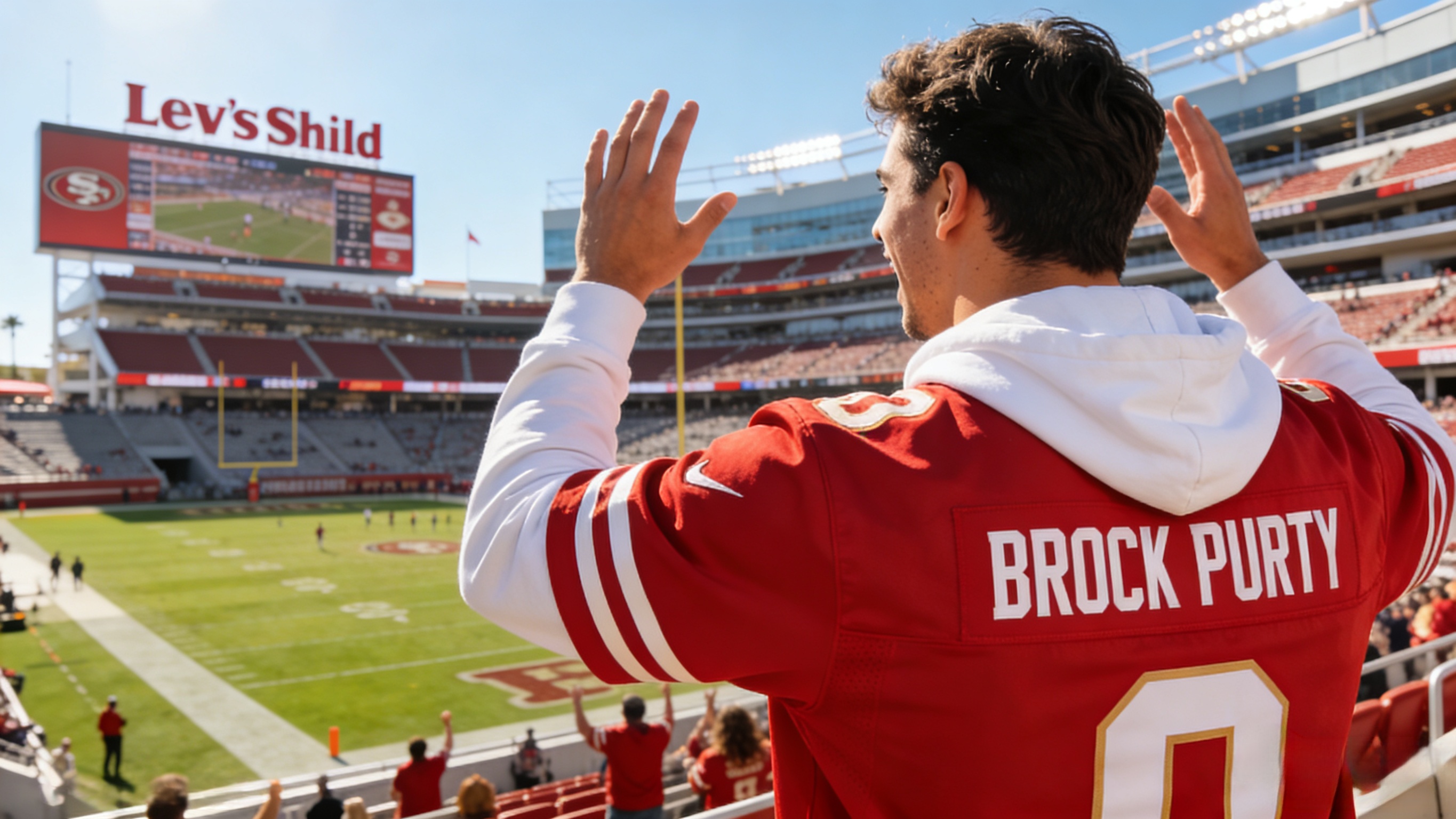 A happy fan wearing a Brock Purdy jersey cheering at a football game.