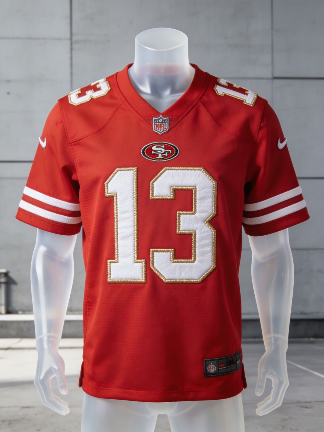 Stitched scarlet red Brock Purdy San Francisco 49ers jersey front view.