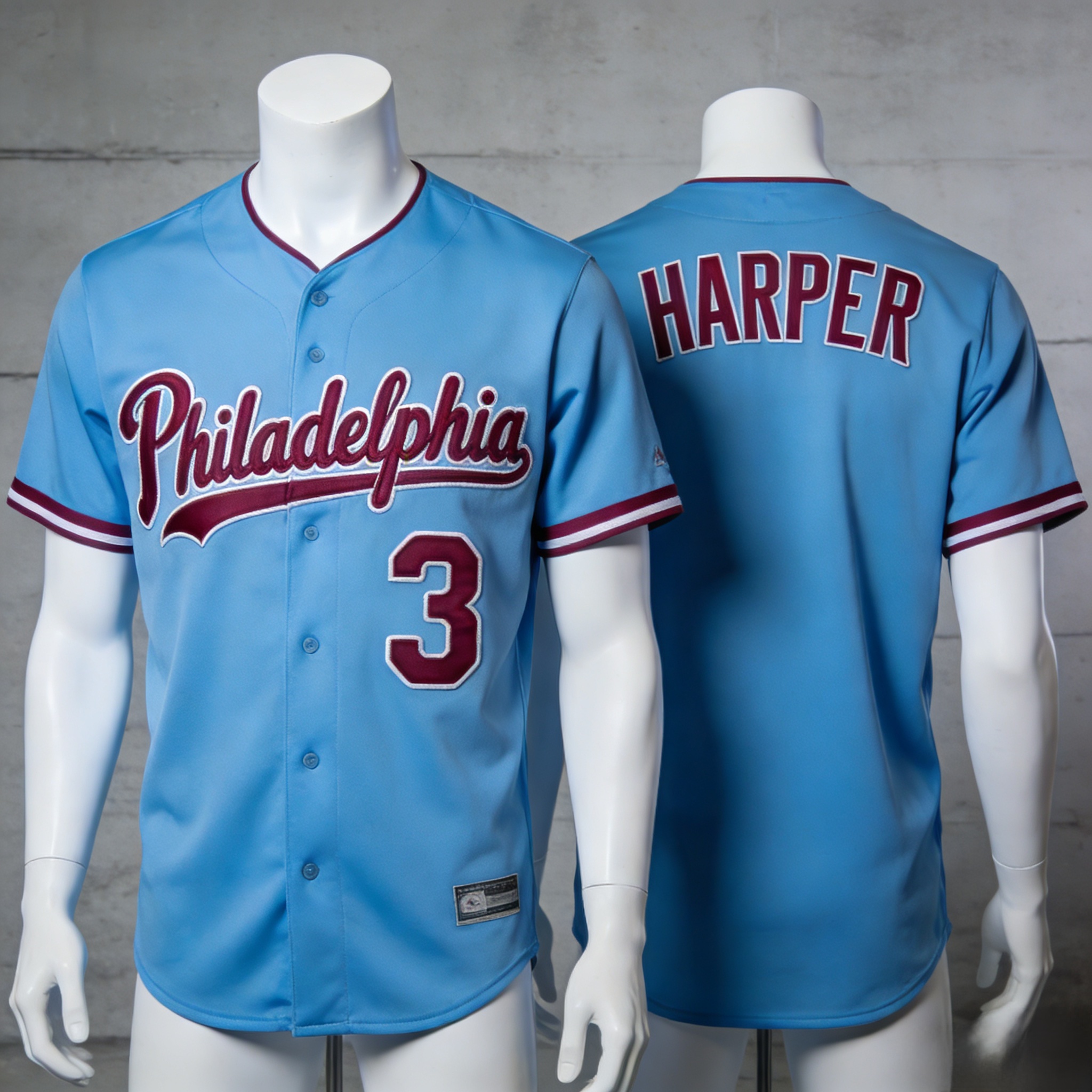 Bryce Harper Jersey: The Ultimate Stitched Style Guide for Phils Fans 2 Stitched powder blue Bryce Harper Philadelphia Phillies jersey front and back view.
