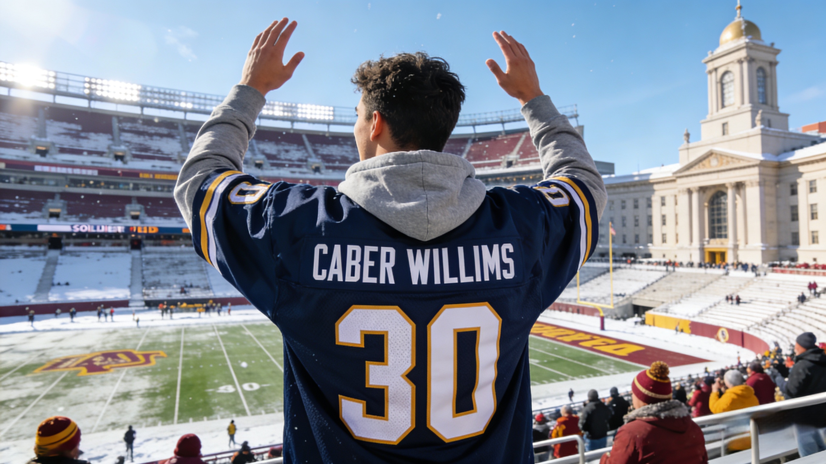 A happy fan wearing a Caleb Williams jersey in Chicago.