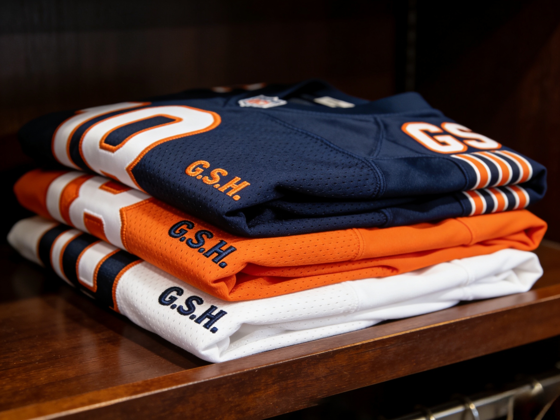 A stack of folded Chicago Bears jerseys in various colors.