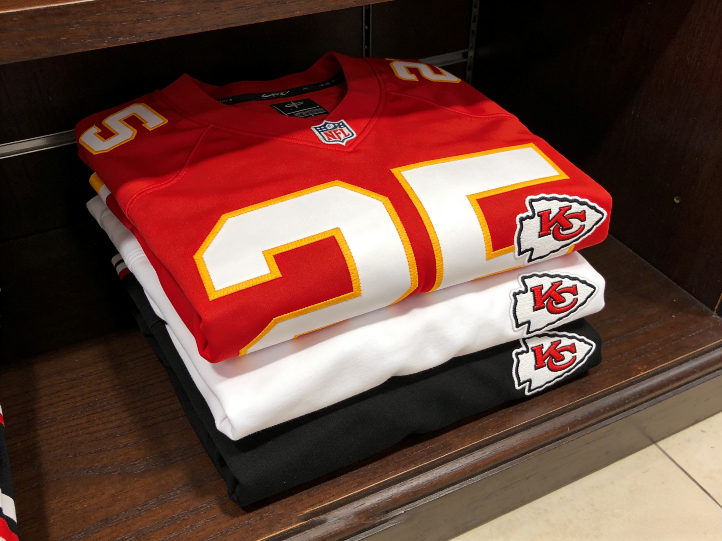 A stack of folded Kansas City Chiefs jerseys in various colors