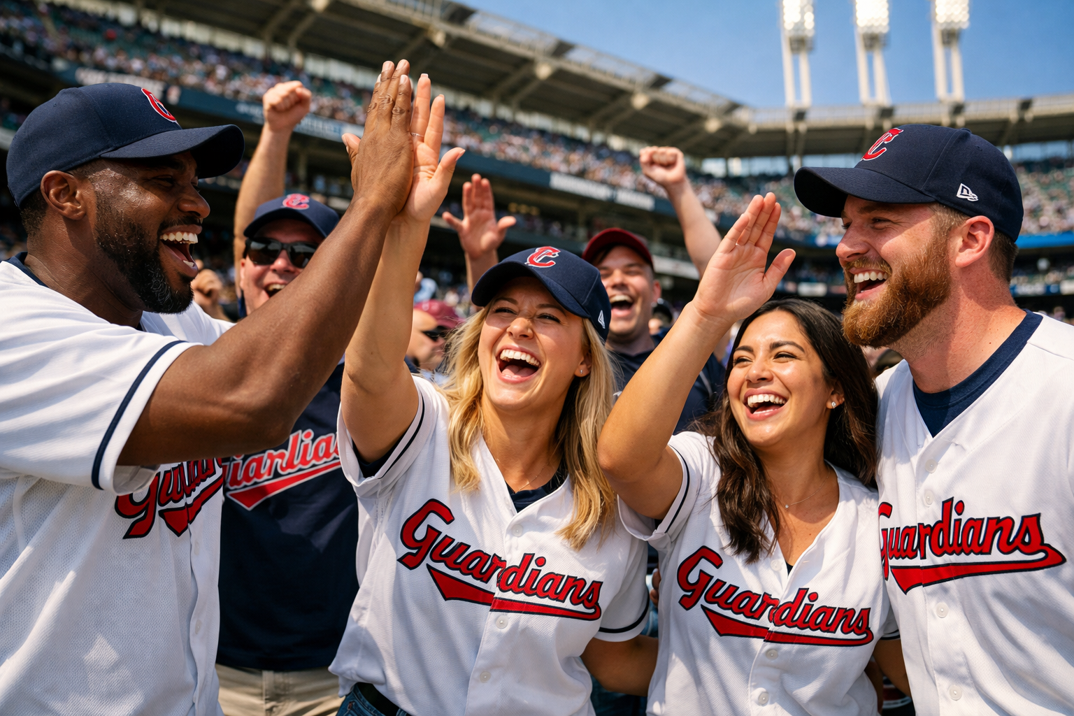 Fans wearing Cleveland Guardians jerseys cheering at a baseball stadium