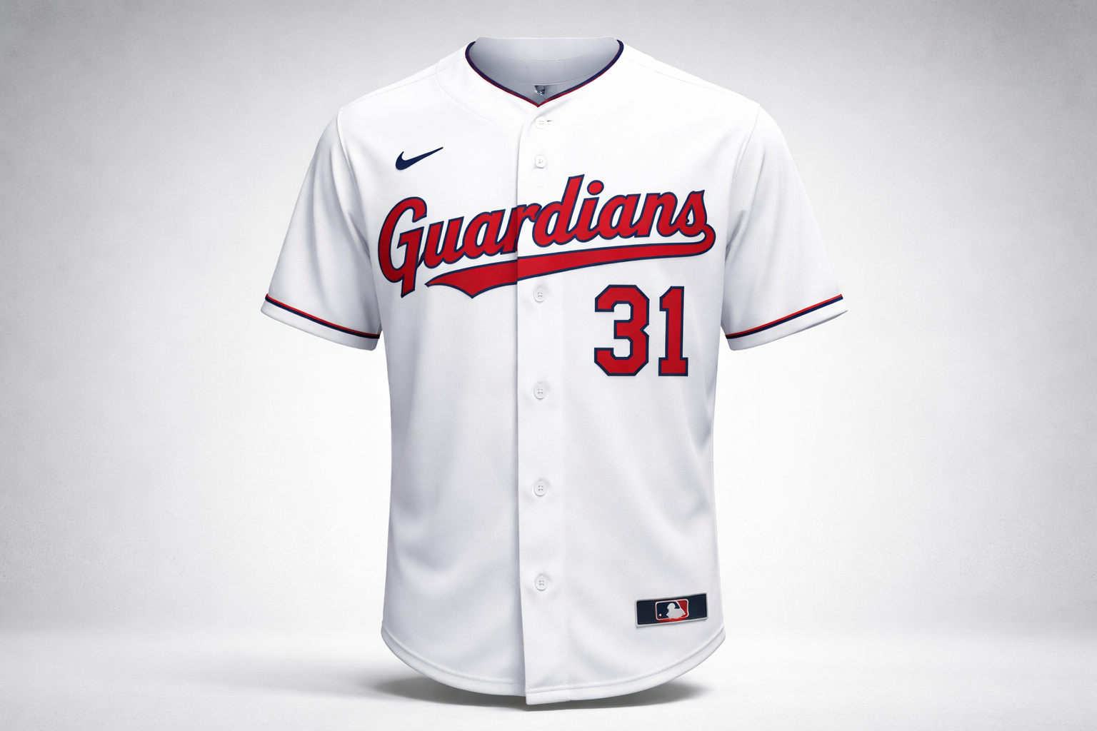 Cleveland Guardians Jersey: New Designs & Stitched Quality Guide 2 White Cleveland Guardians home jersey with red stitched script front view.