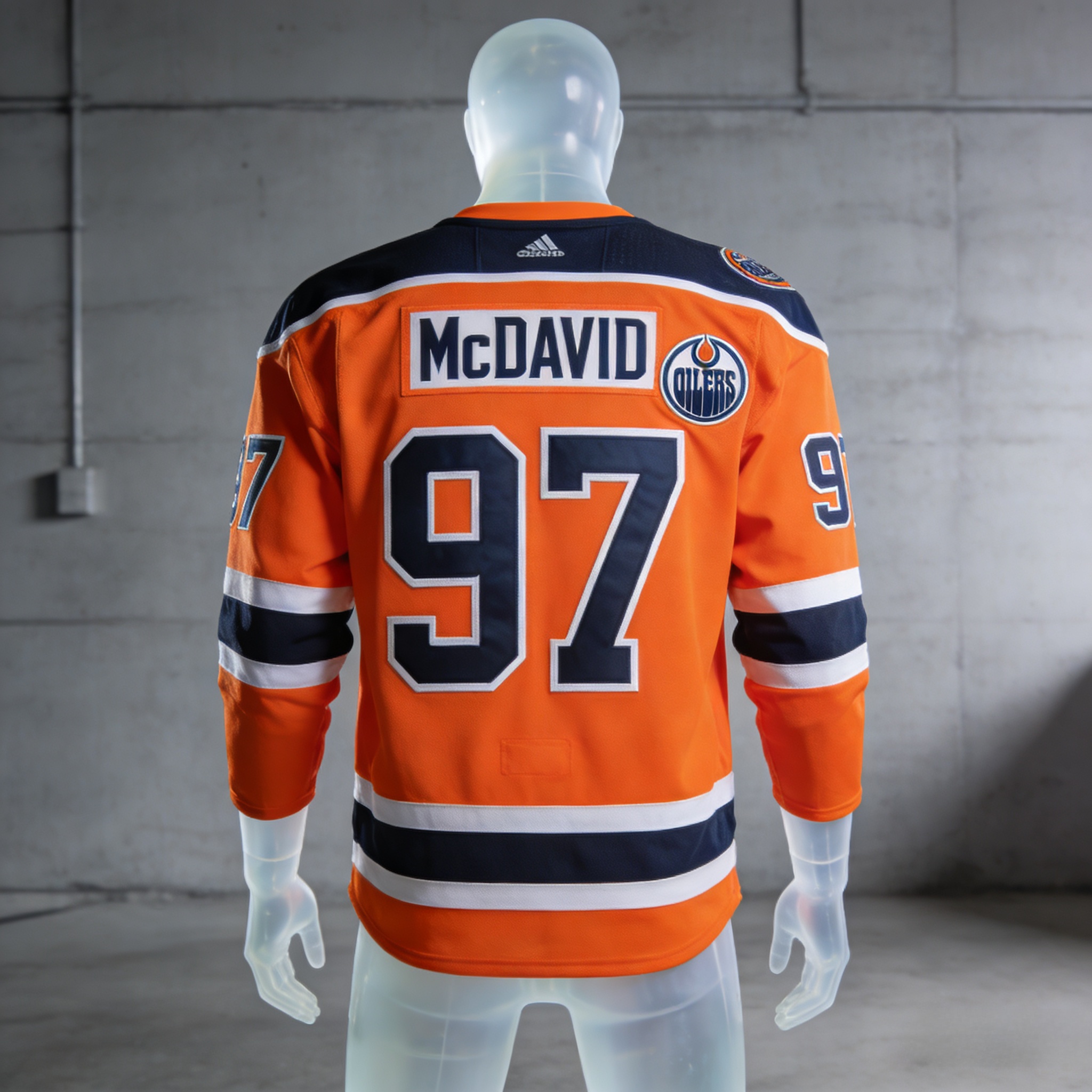 Vibrant orange Connor McDavid Edmonton Oilers jersey with blue and white stitched lettering front view.