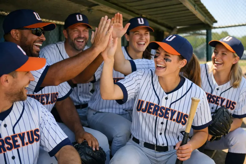 Custom Baseball Jerseys Guide: Designing for the Diamond 4 A local baseball team wearing matching custom jerseys from Ujersery.us