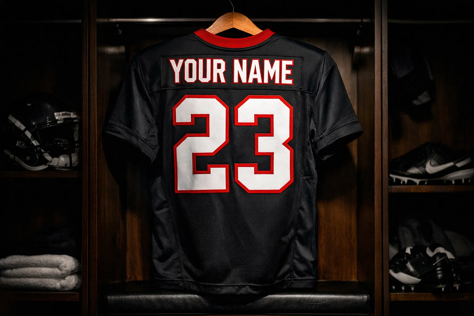 Back view of a custom football jersey with personalized name and number