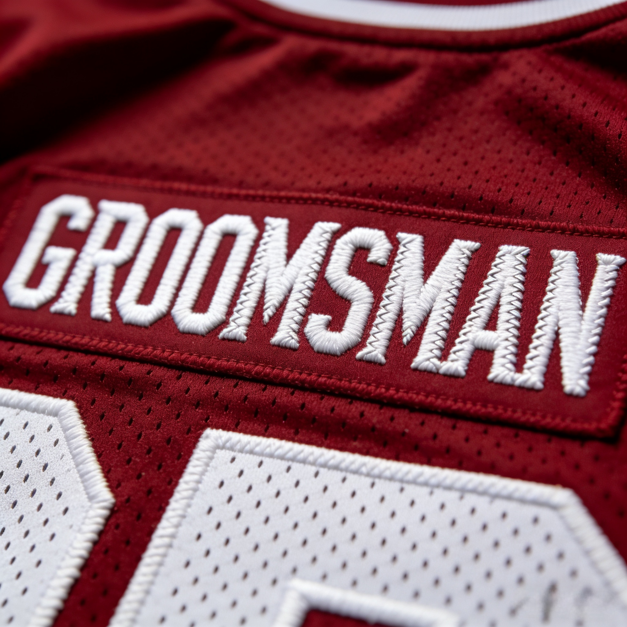 Macro close up of stitched tackle twill letters on a custom wedding party jersey.