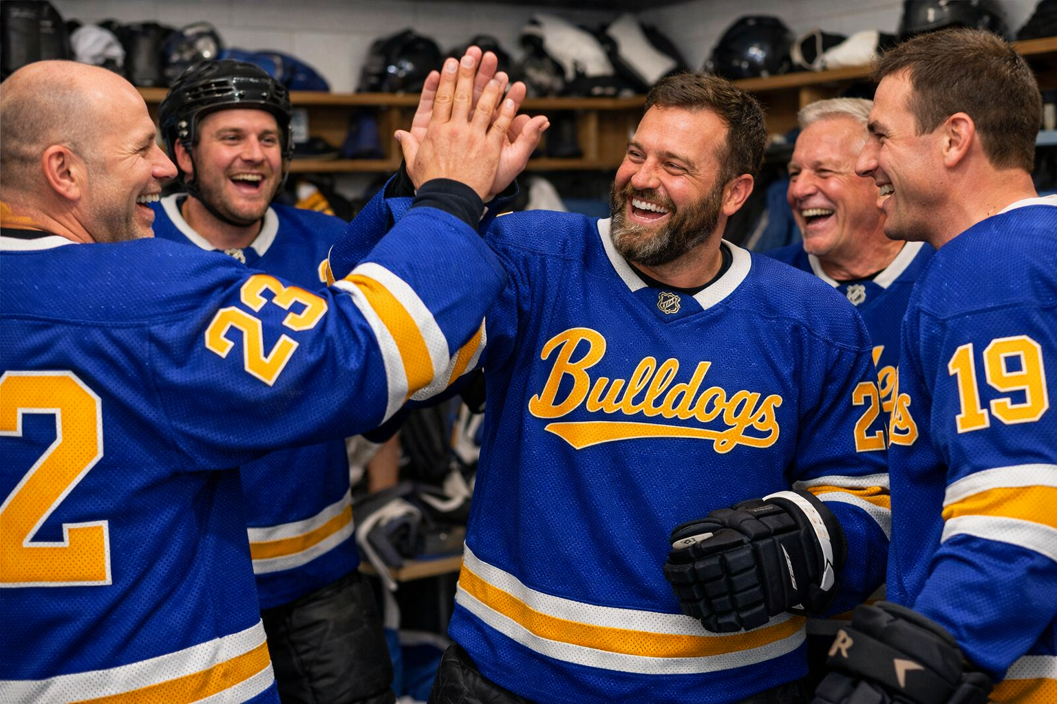 Custom Hockey Jerseys: Stitched Gear for Beer Leagues 2 A local recreational hockey team in matching custom blue and yellow stitched jerseys.