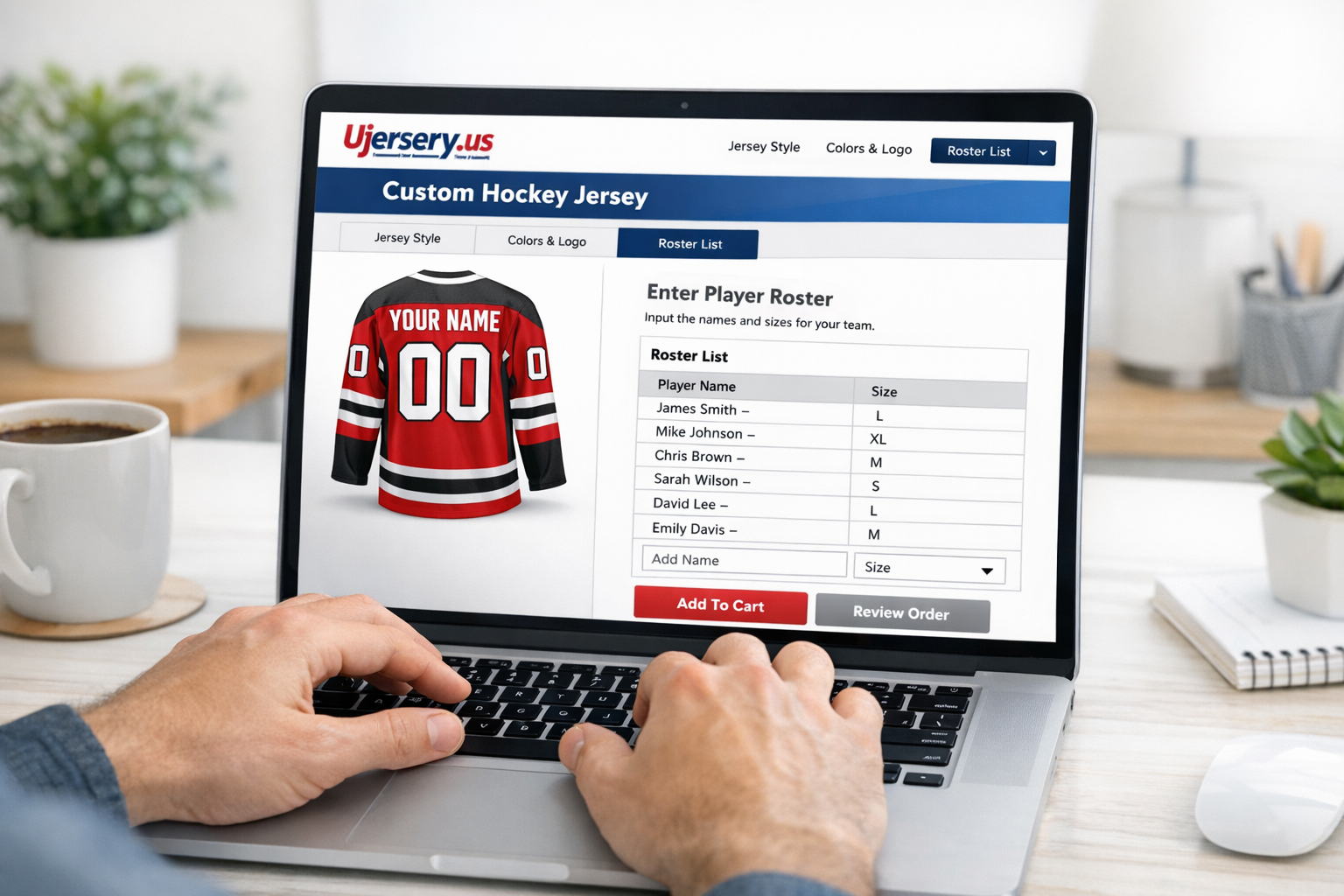 Custom Hockey Jerseys: Stitched Gear for Beer Leagues 4 Person using a laptop to manage a team order of custom jerseys on Ujersery.us.