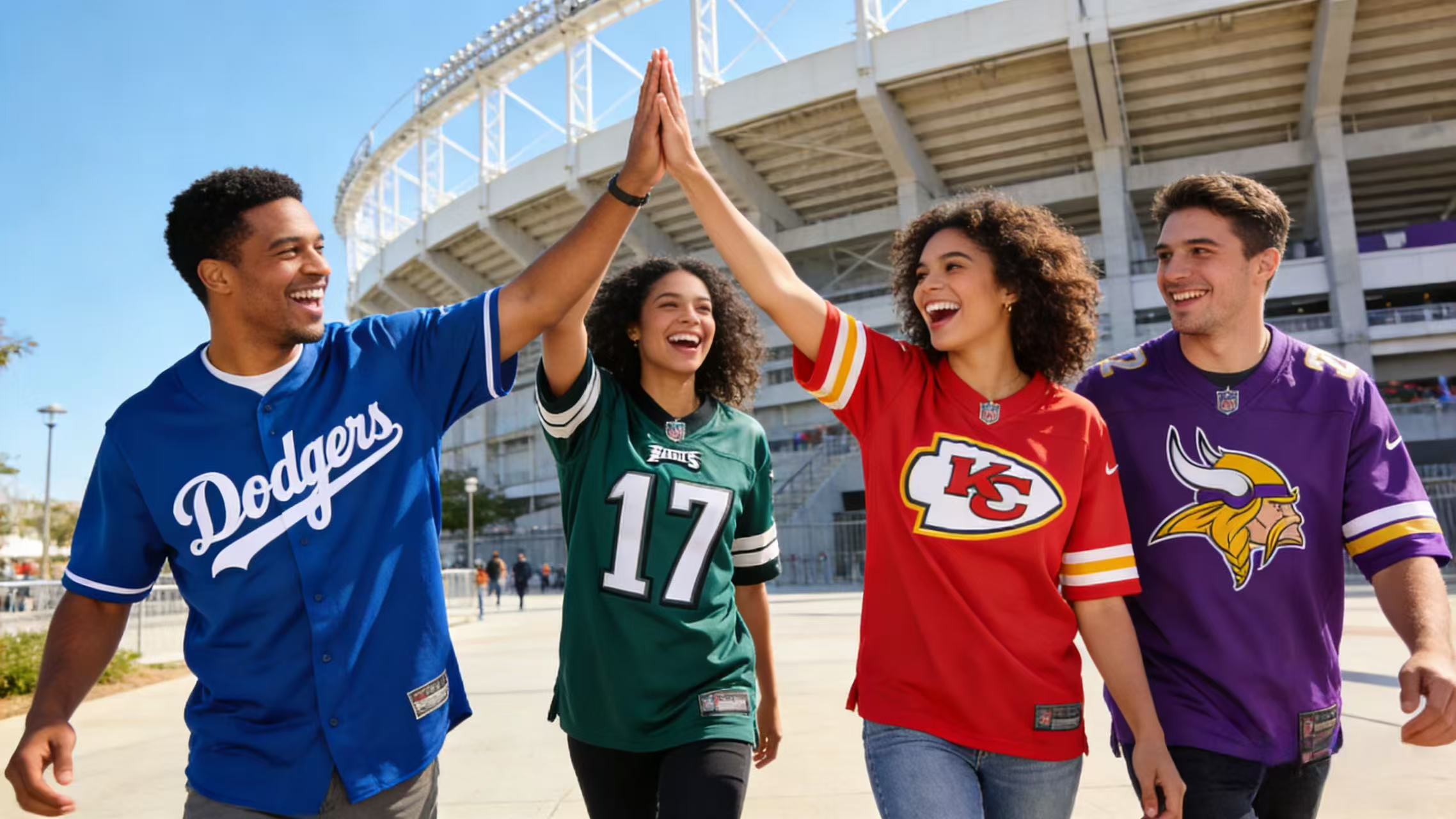 A group of happy fans wearing various top-selling jerseys together