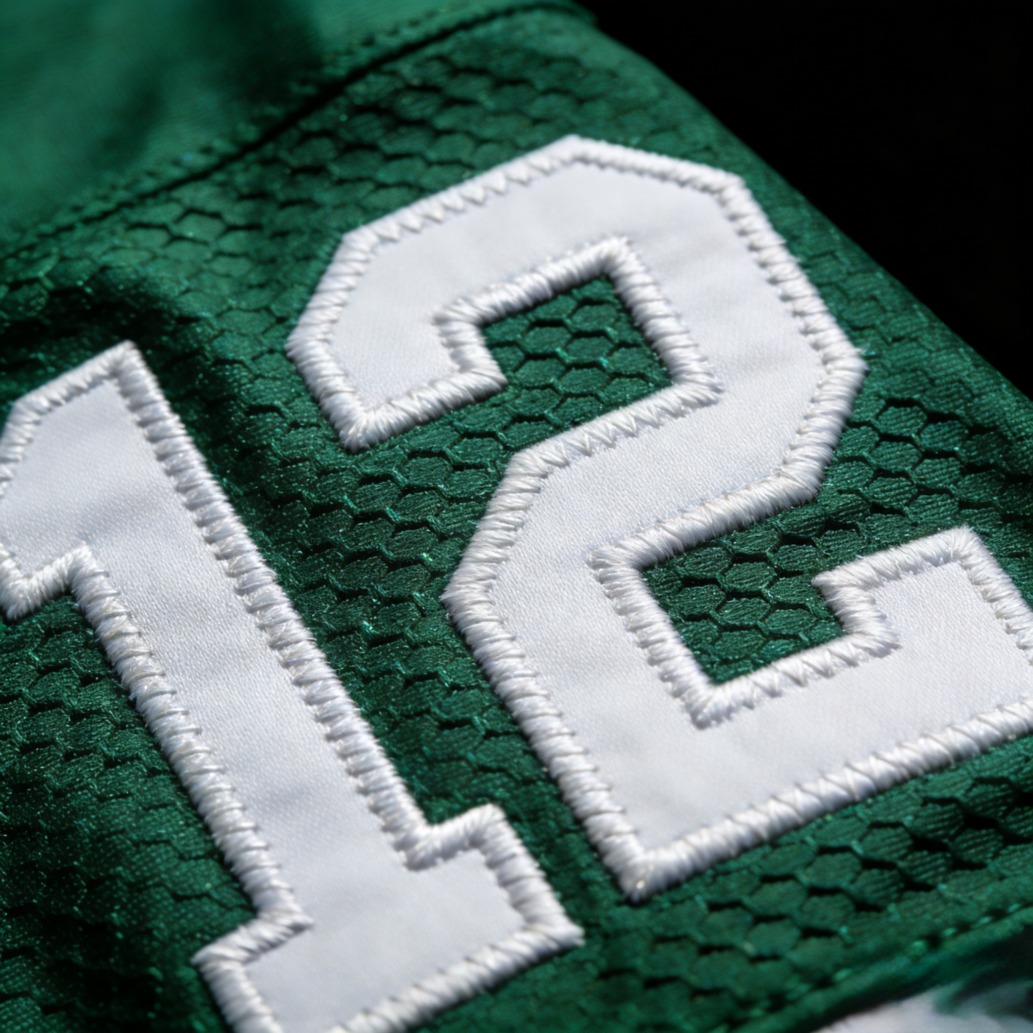 Macro close up of stitched tackle twill numbers on an Eagles jersey.