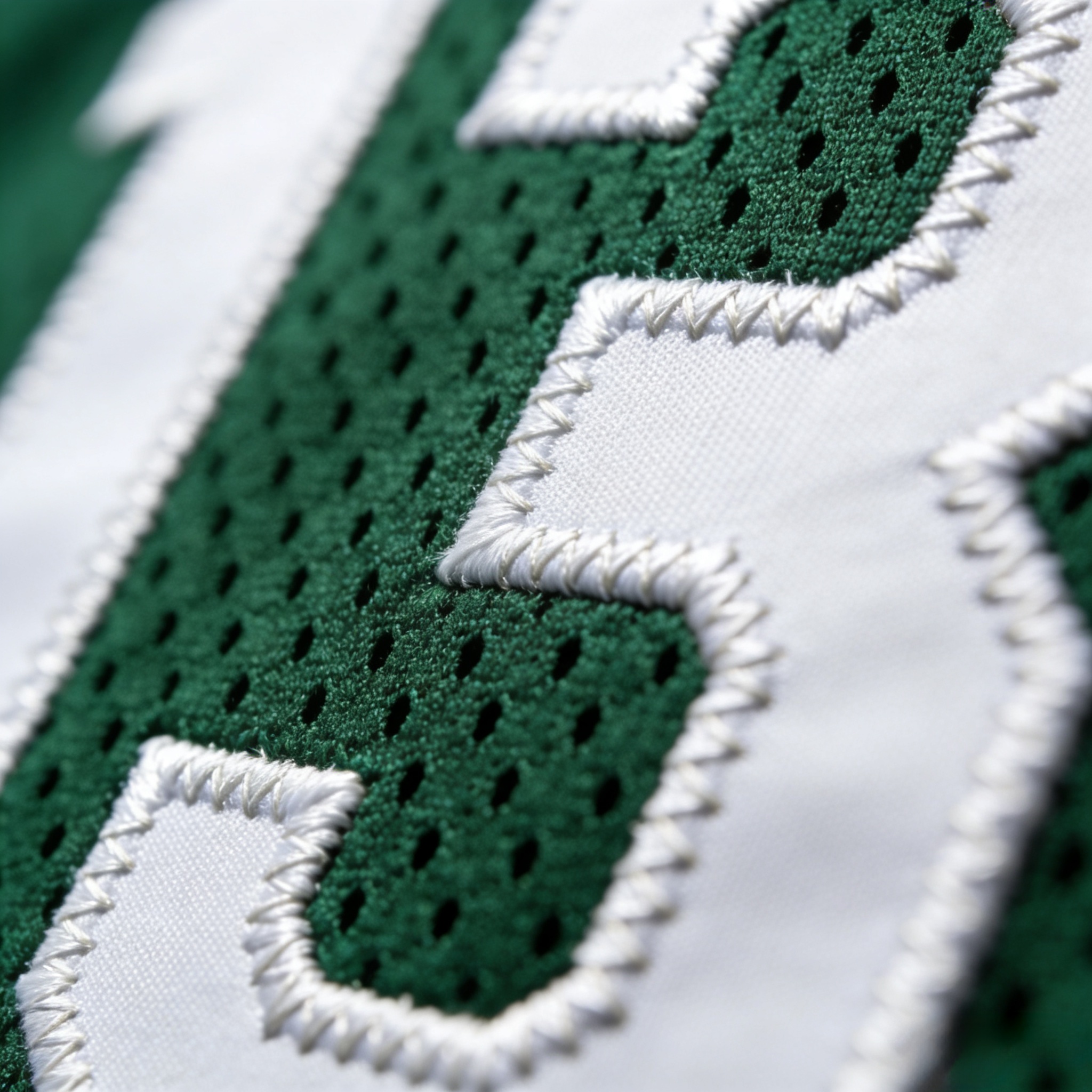 Macro close up of stitched tackle twill on an Eagles jersey