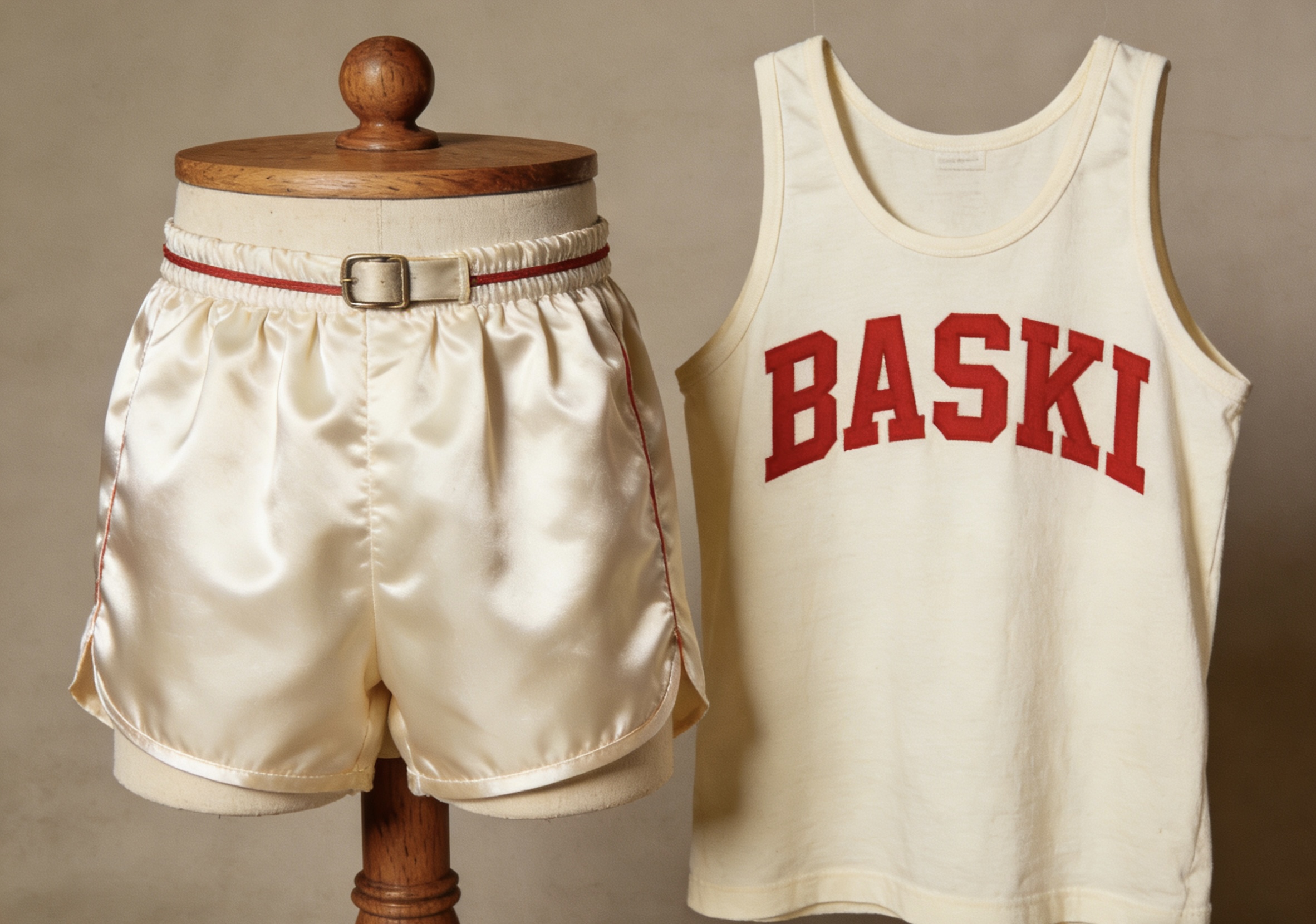 Vintage 1950s style basketball jersey with belted short shorts.