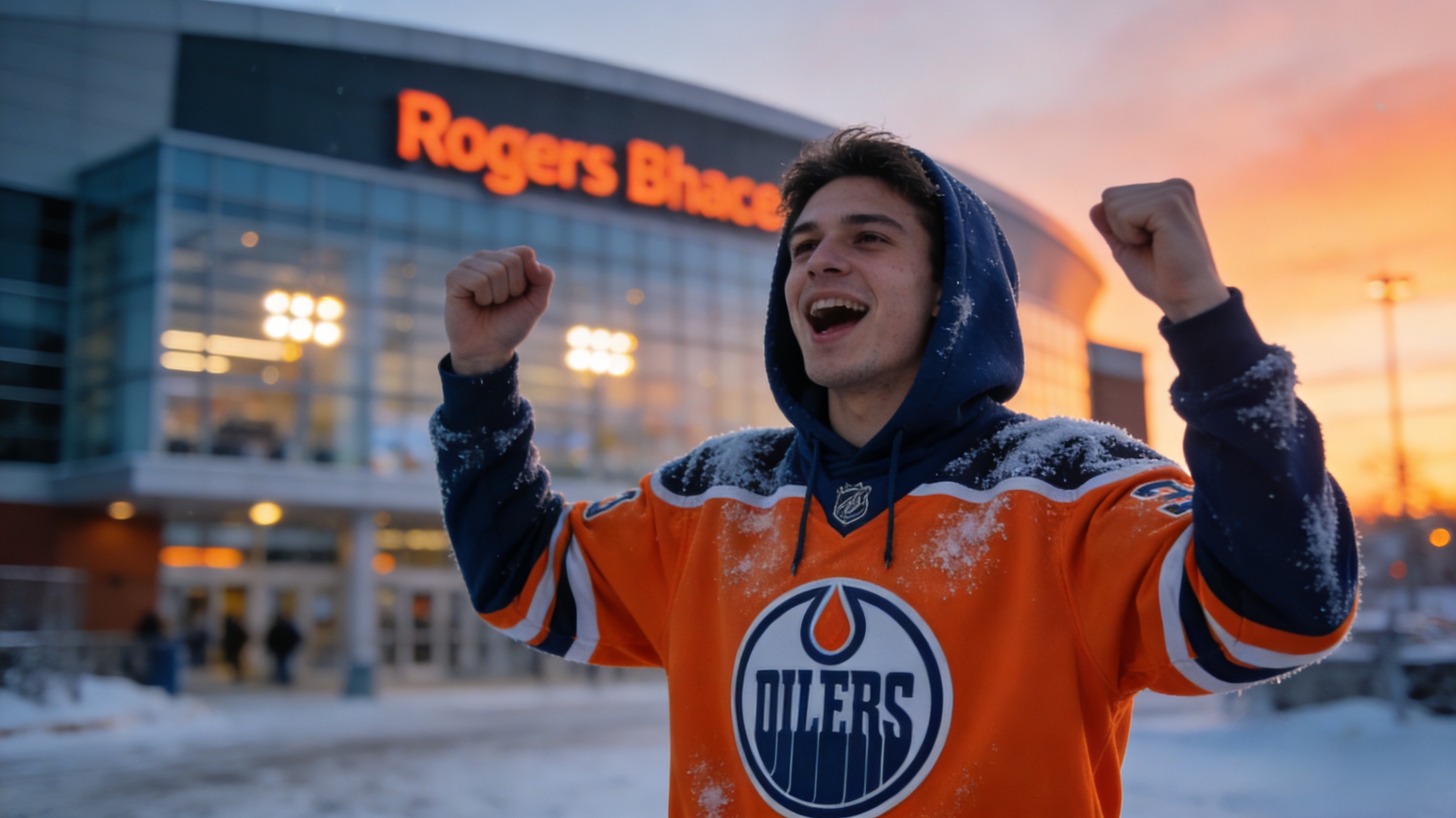 A fan wearing a Connor McDavid jersey cheering outside a hockey arena