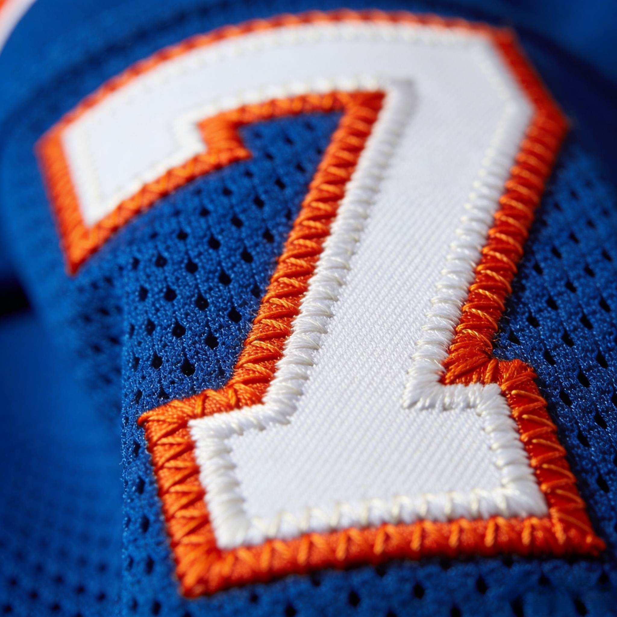 Macro close up of the white and orange stitched numbers on a blue Oilers jersey.