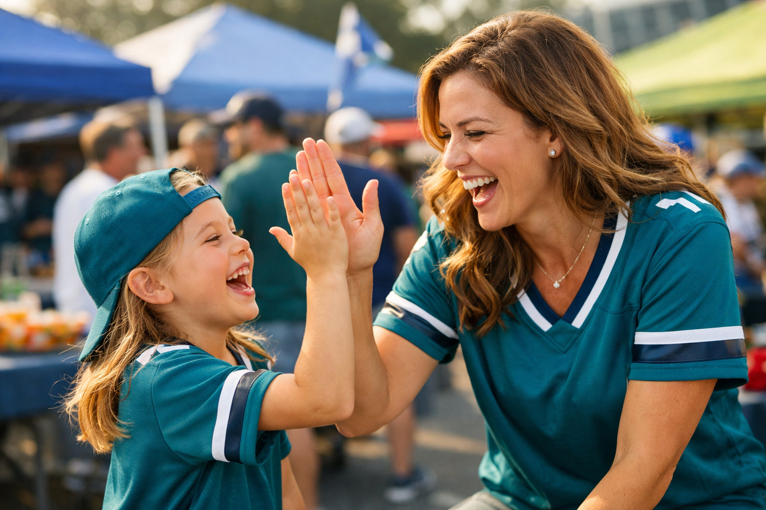 Youth Sports Jerseys: The Guide to Affordable Gear for Kids 4 A mother and her young daughter wearing matching team jerseys at a stadium tailgate.