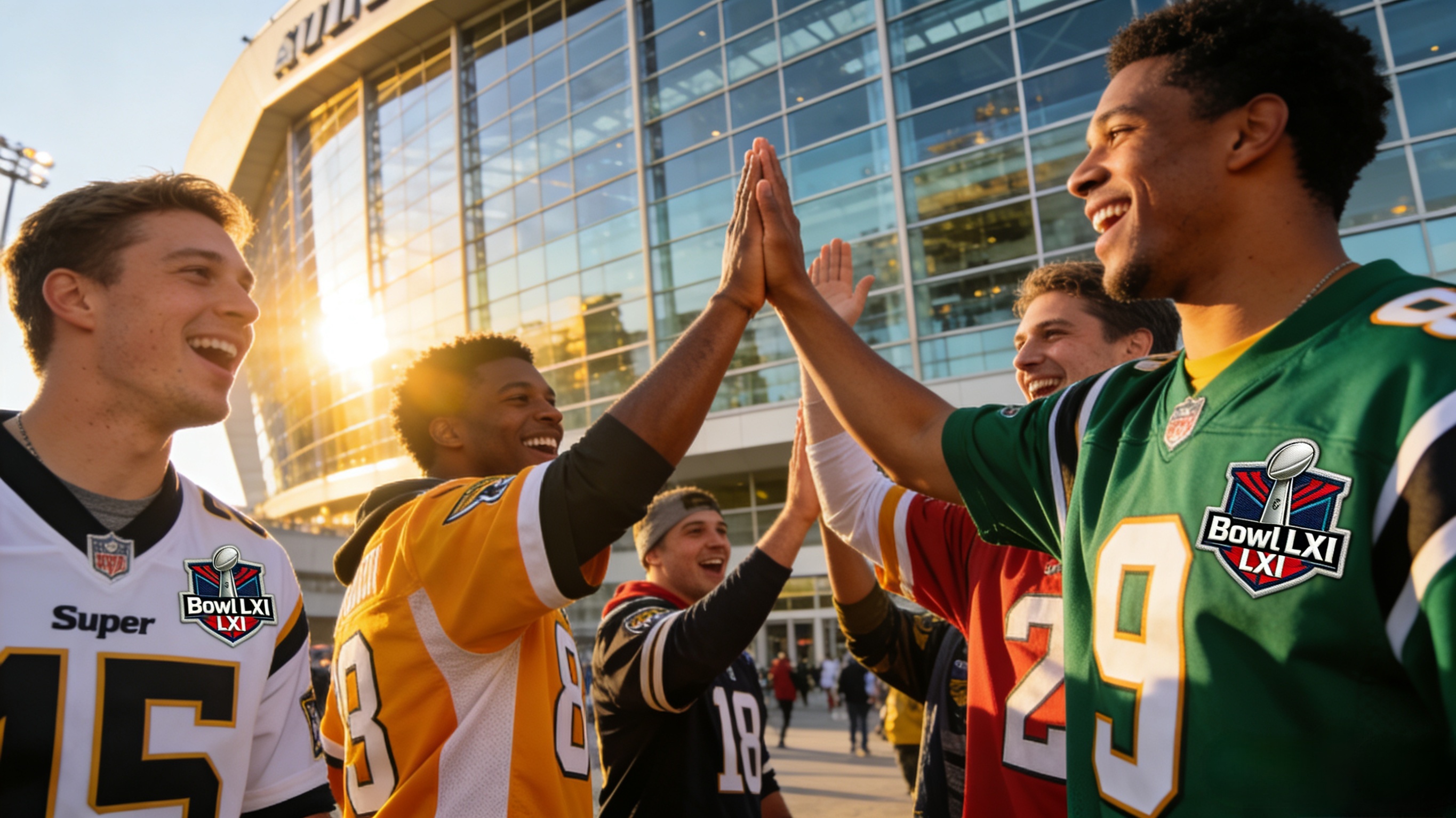 Happy fans wearing a super bowl jersey outside a stadium.