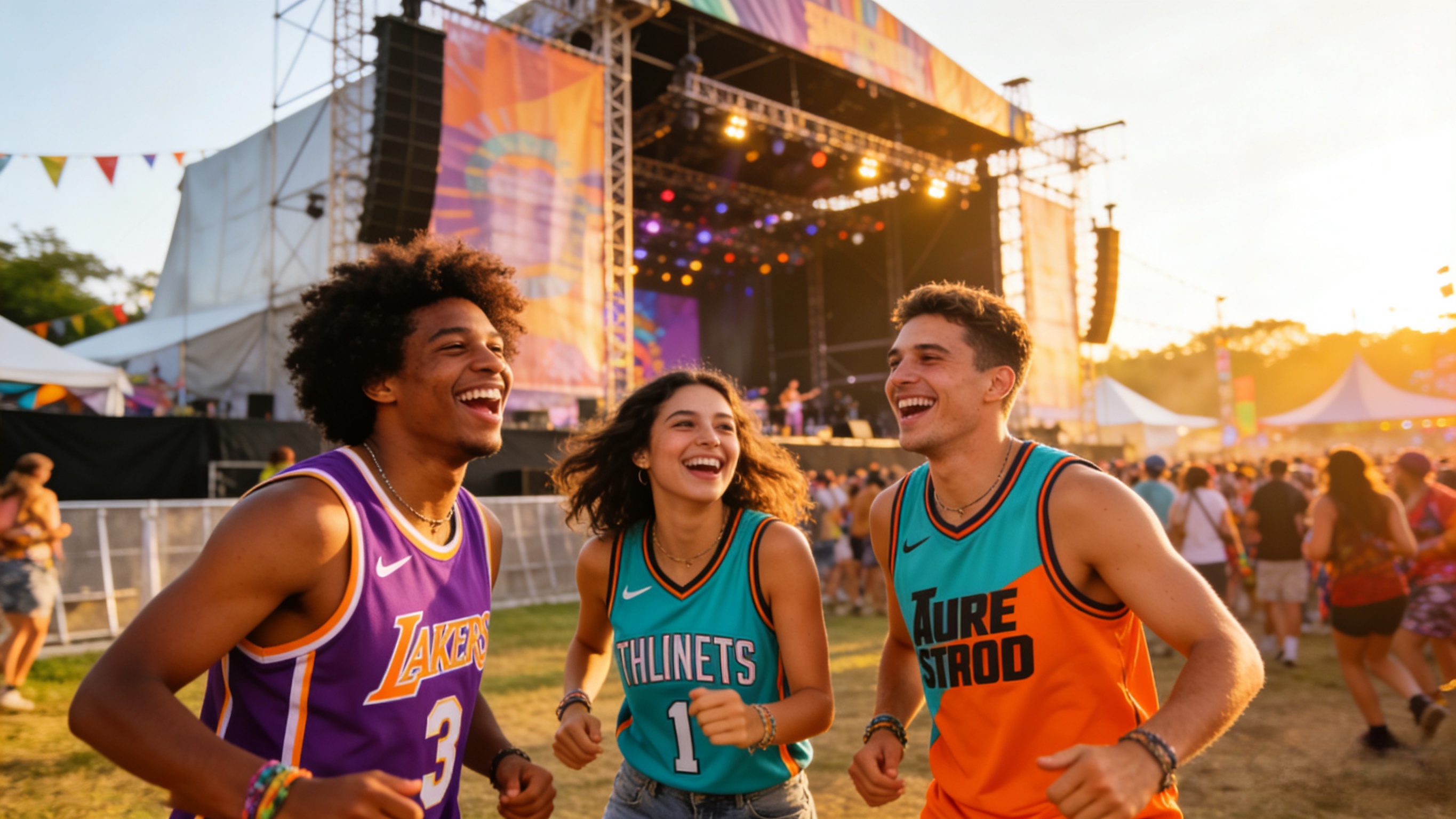 A group of fans wearing vibrant sports jerseys at an outdoor music festival during sunset.