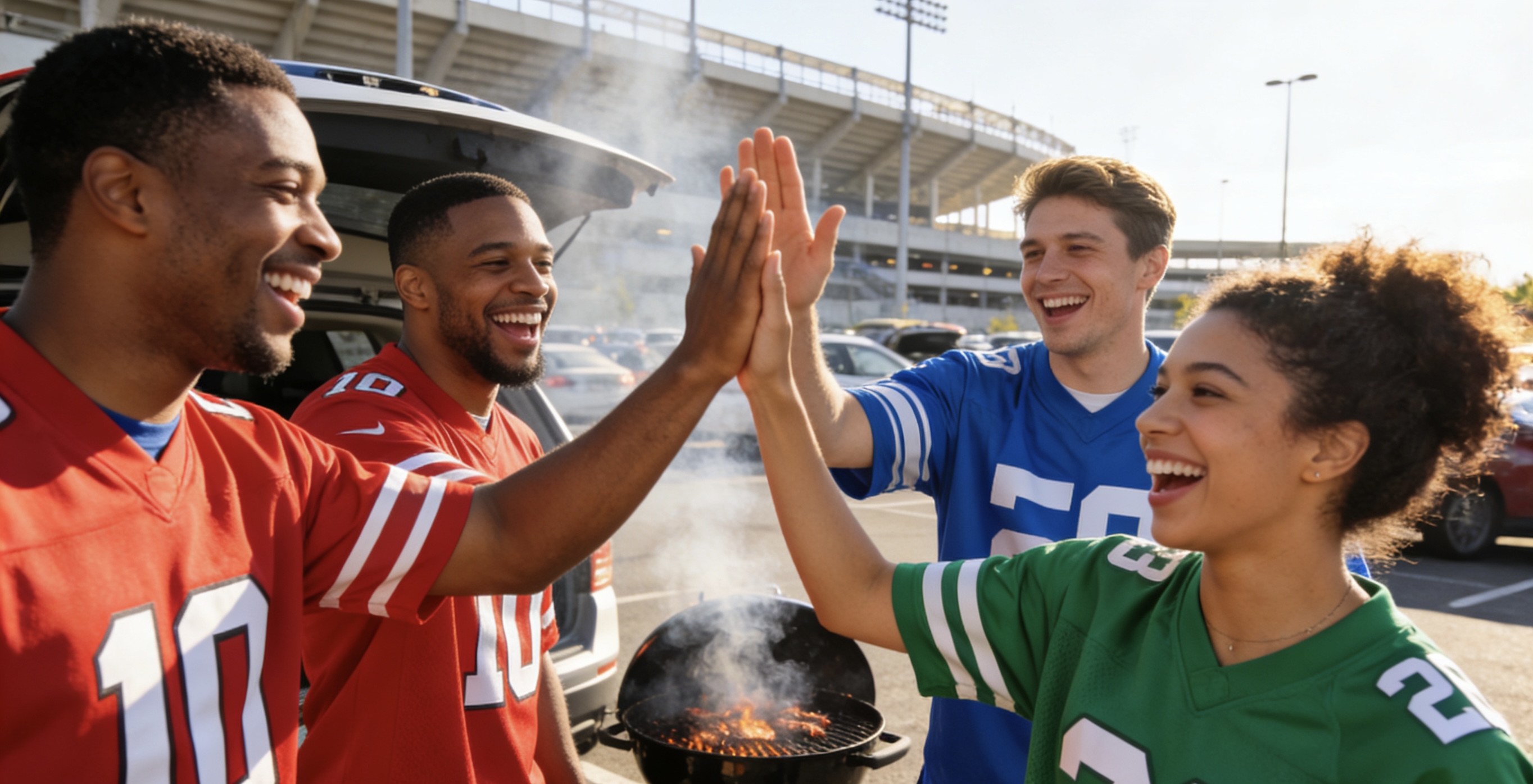 Fans wearing stitched football jerseys at a stadium parking lot tailgate party