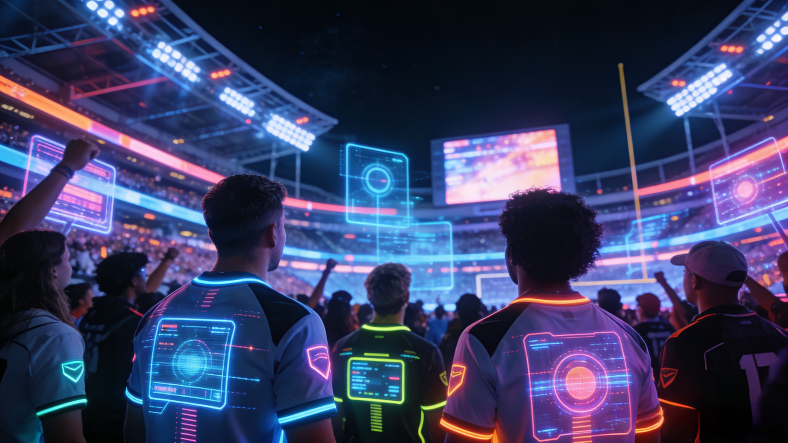 Fans wearing glowing future NFL uniforms at a high-tech stadium in 2030