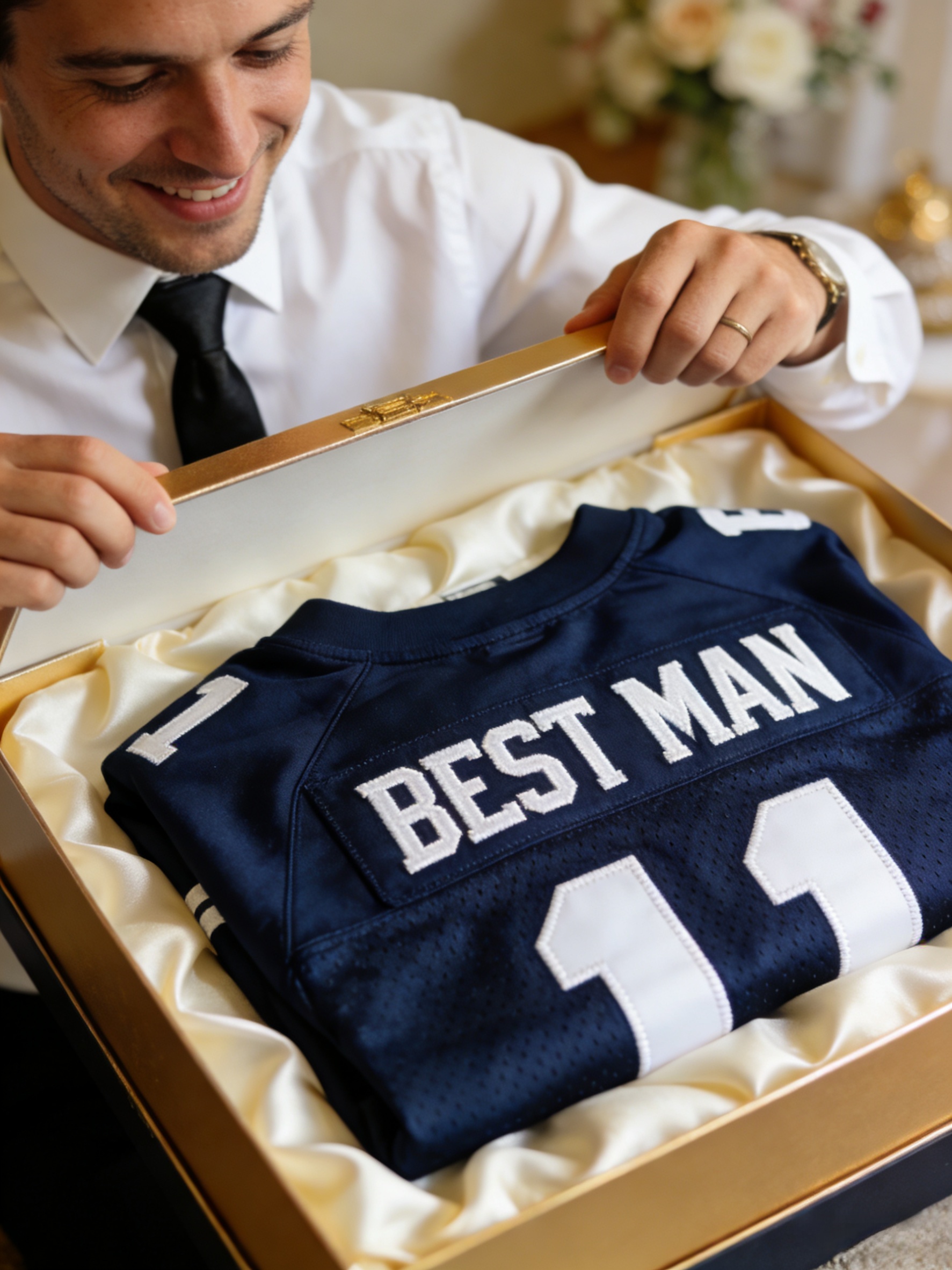 A best man unboxing a custom stitched football jersey as a wedding gift.