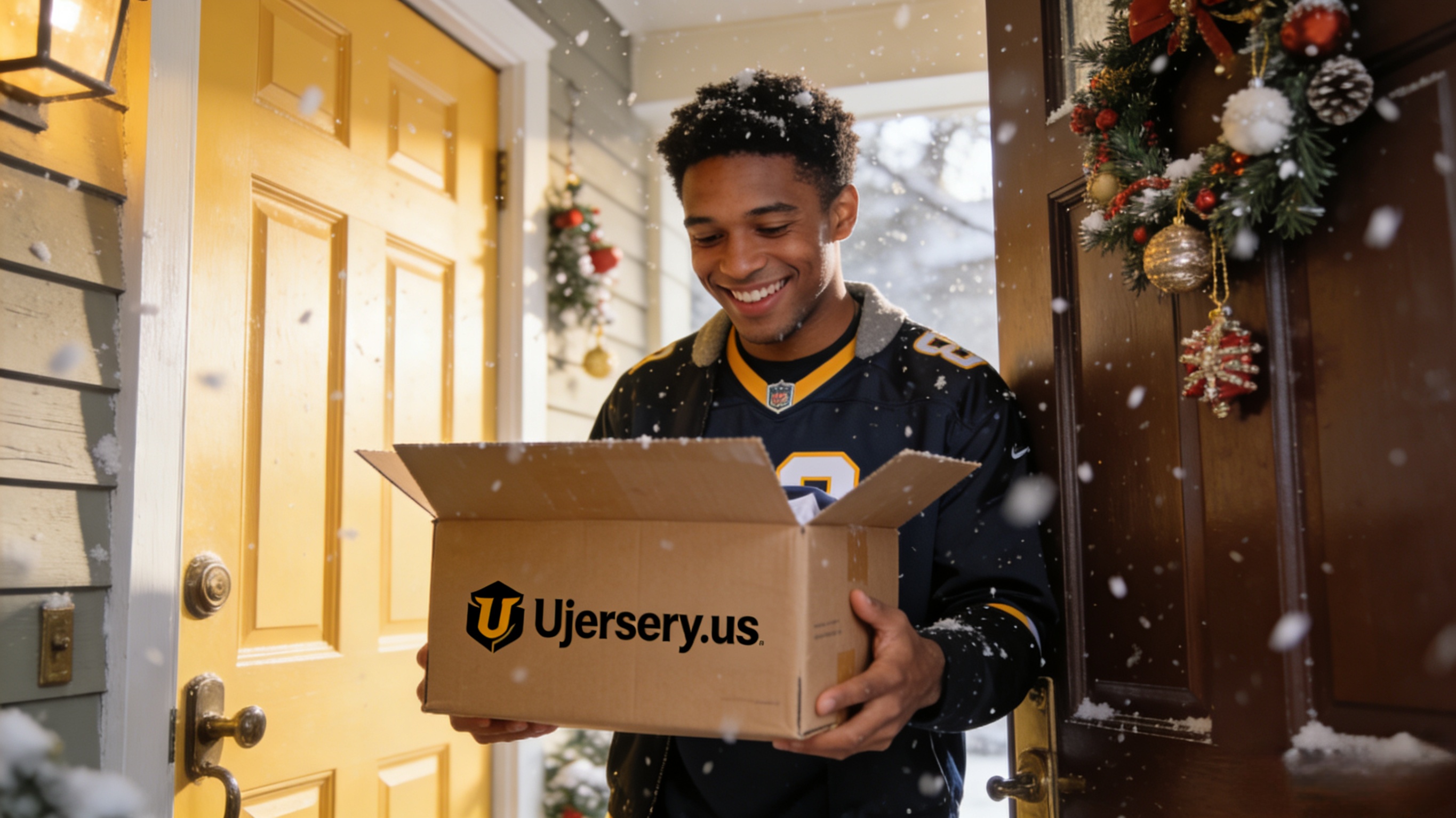 A happy fan holding a new Ujersery shipping box with a jersey inside