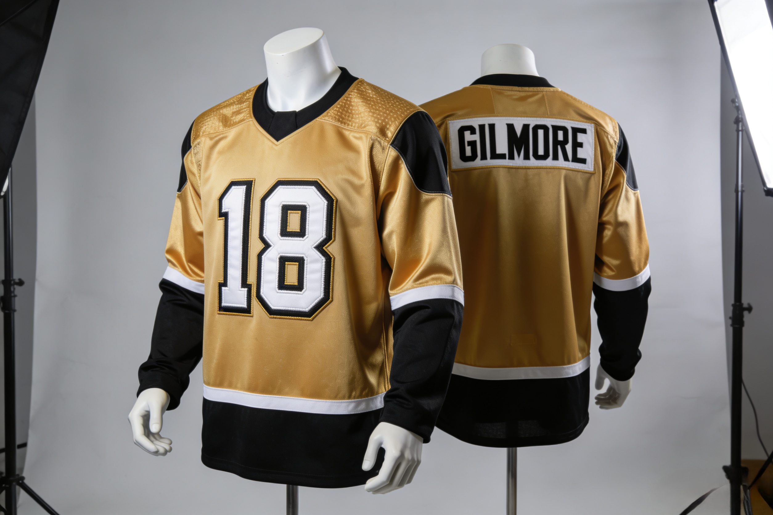 Happy Gilmore Hockey Jersey: A Tribute to Adam Sandler 2 Gold and black Happy Gilmore #18 hockey jersey with stitched lettering front view.