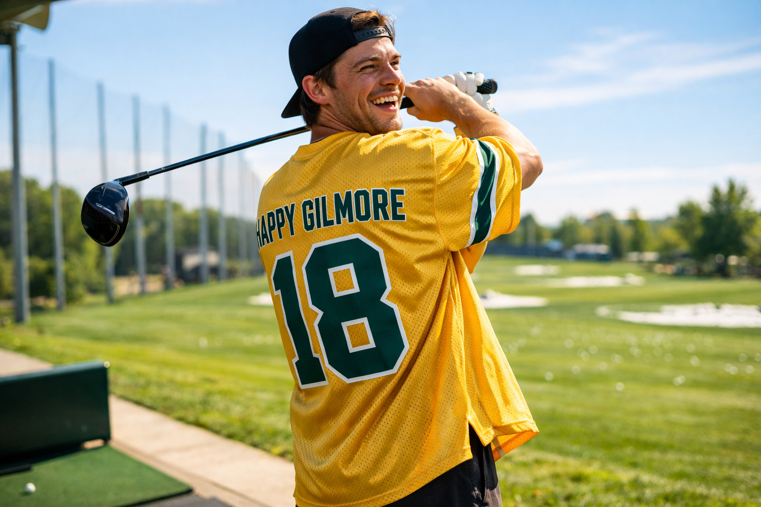 A fan wearing a Happy Gilmore jersey while practicing at a golf driving range