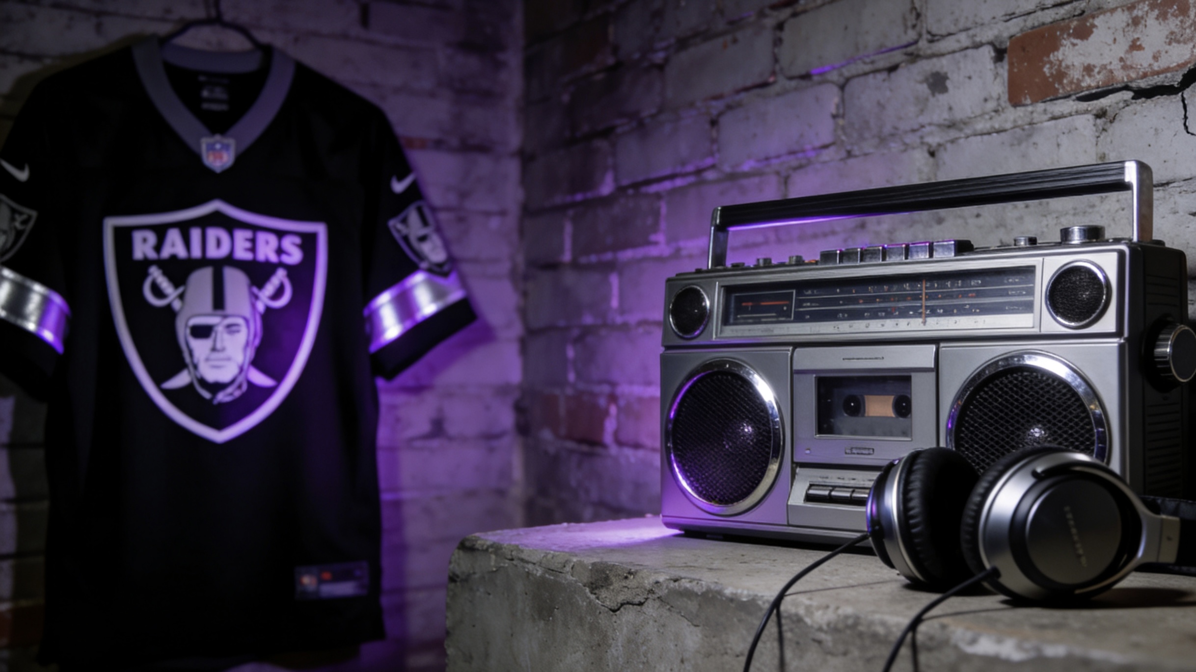 A vintage black Raiders jersey hanging in an urban studio with music equipment.