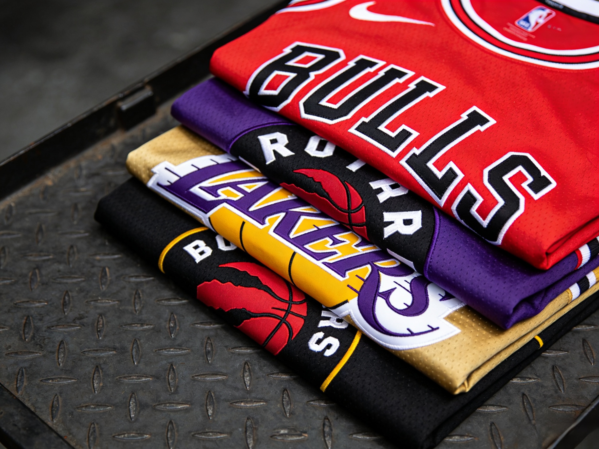 A stack of colorful stitched basketball jerseys including Bulls, Raptors, and Lakers.