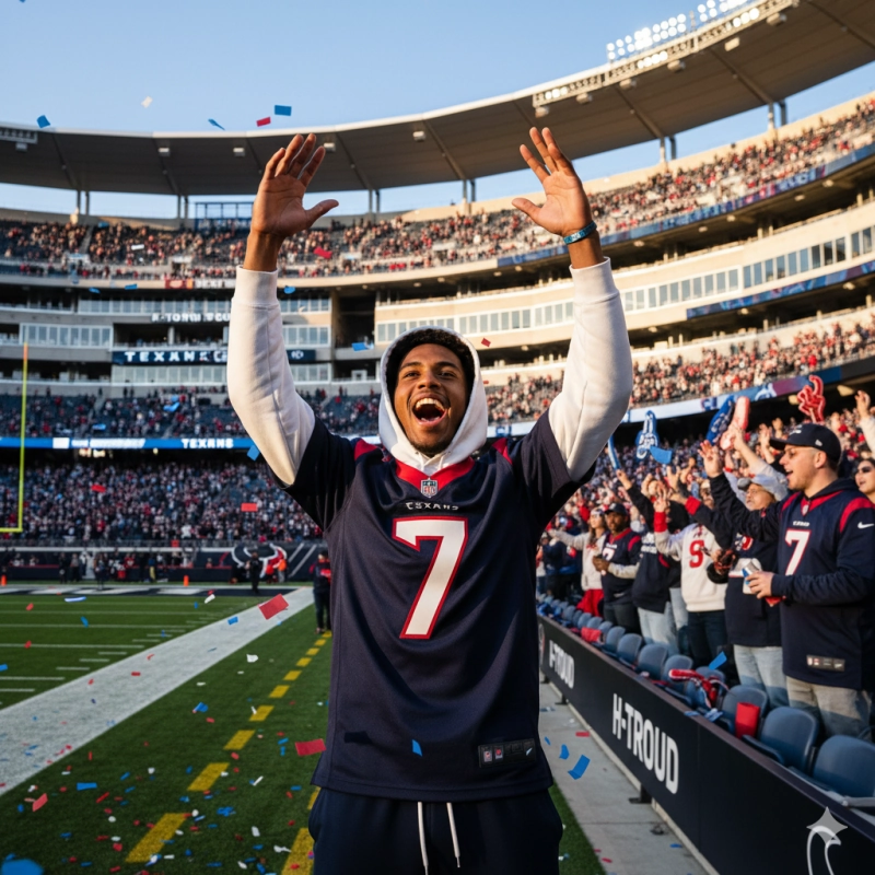 A fan wearing a C.J. Stroud jersey cheering at an outdoor football stadium.