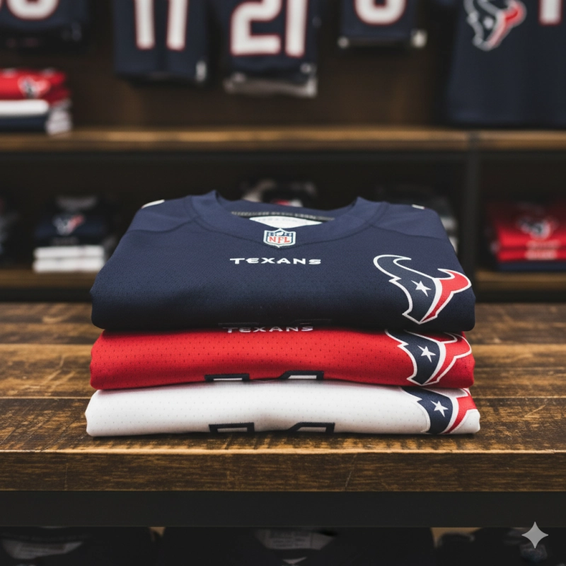 Neatly folded Houston Texans jerseys in navy, red, and white colors. 