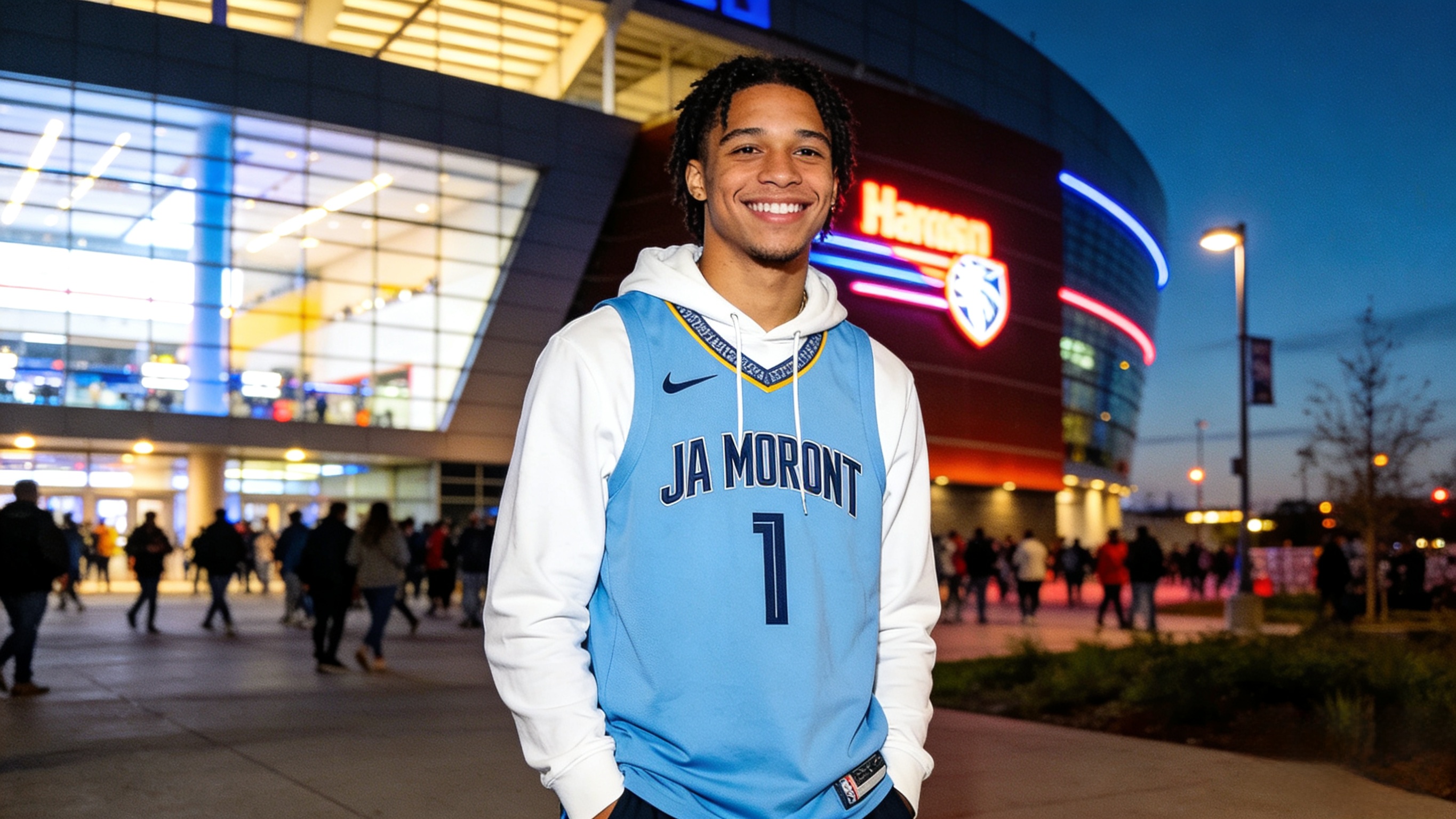 A happy fan wearing a Ja Morant jersey outside a stadium.