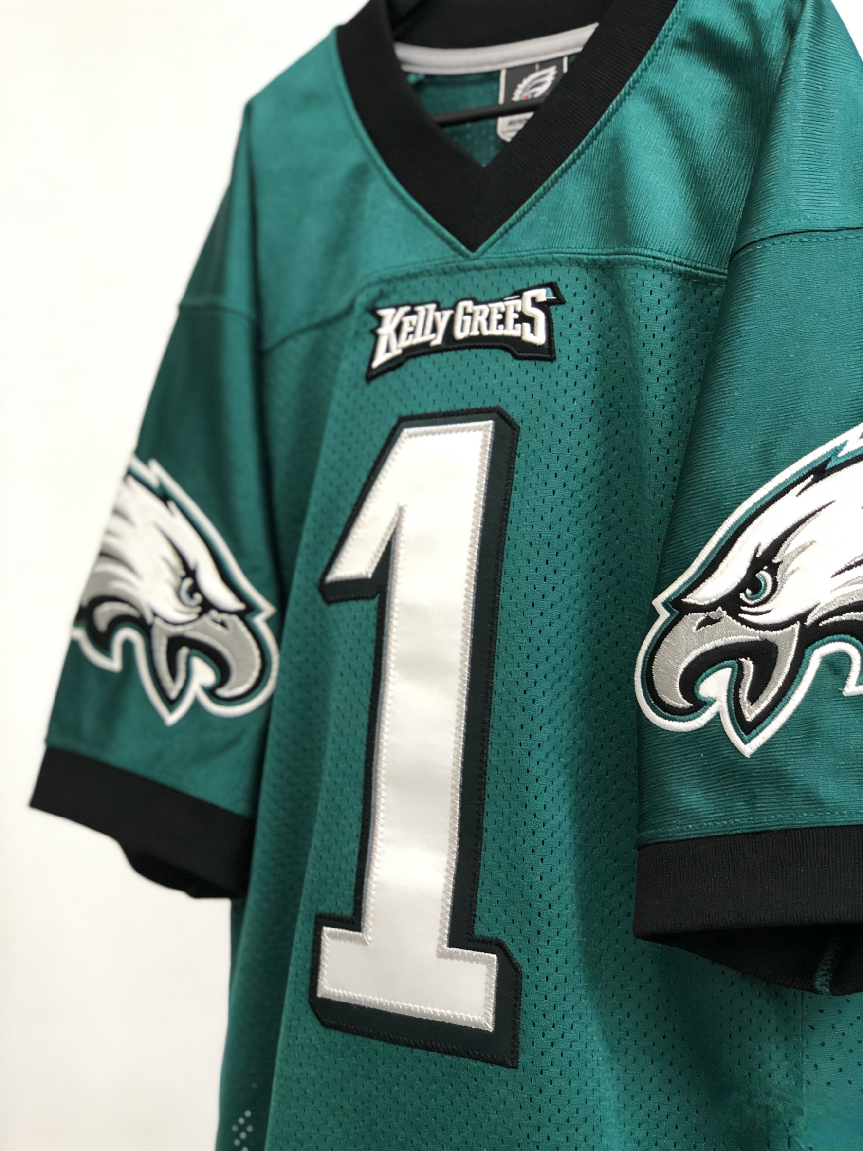 Stitched Kelly Green Jalen Hurts throwback jersey details