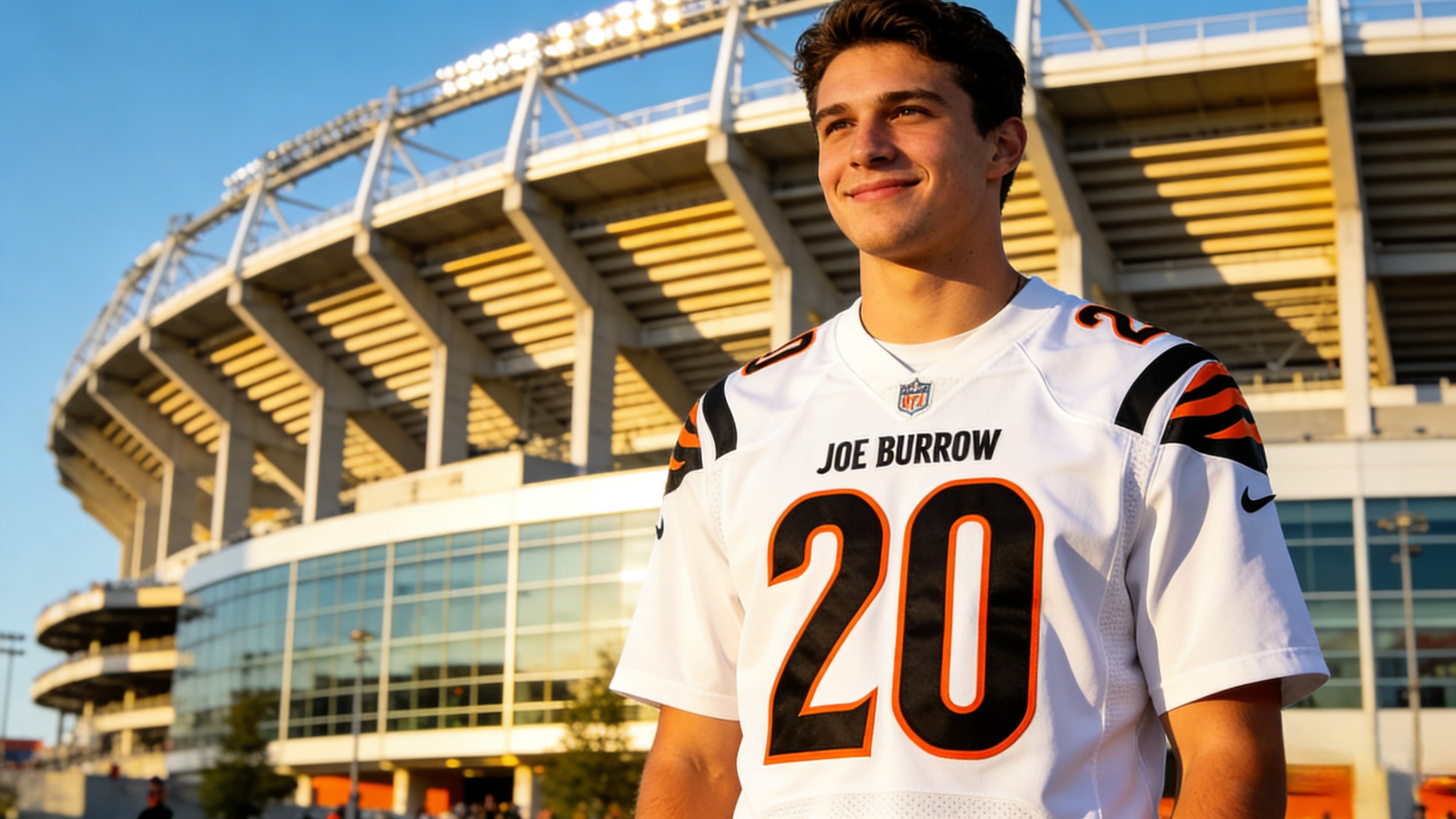 A fan wearing a white Joe Burrow jersey at a stadium
