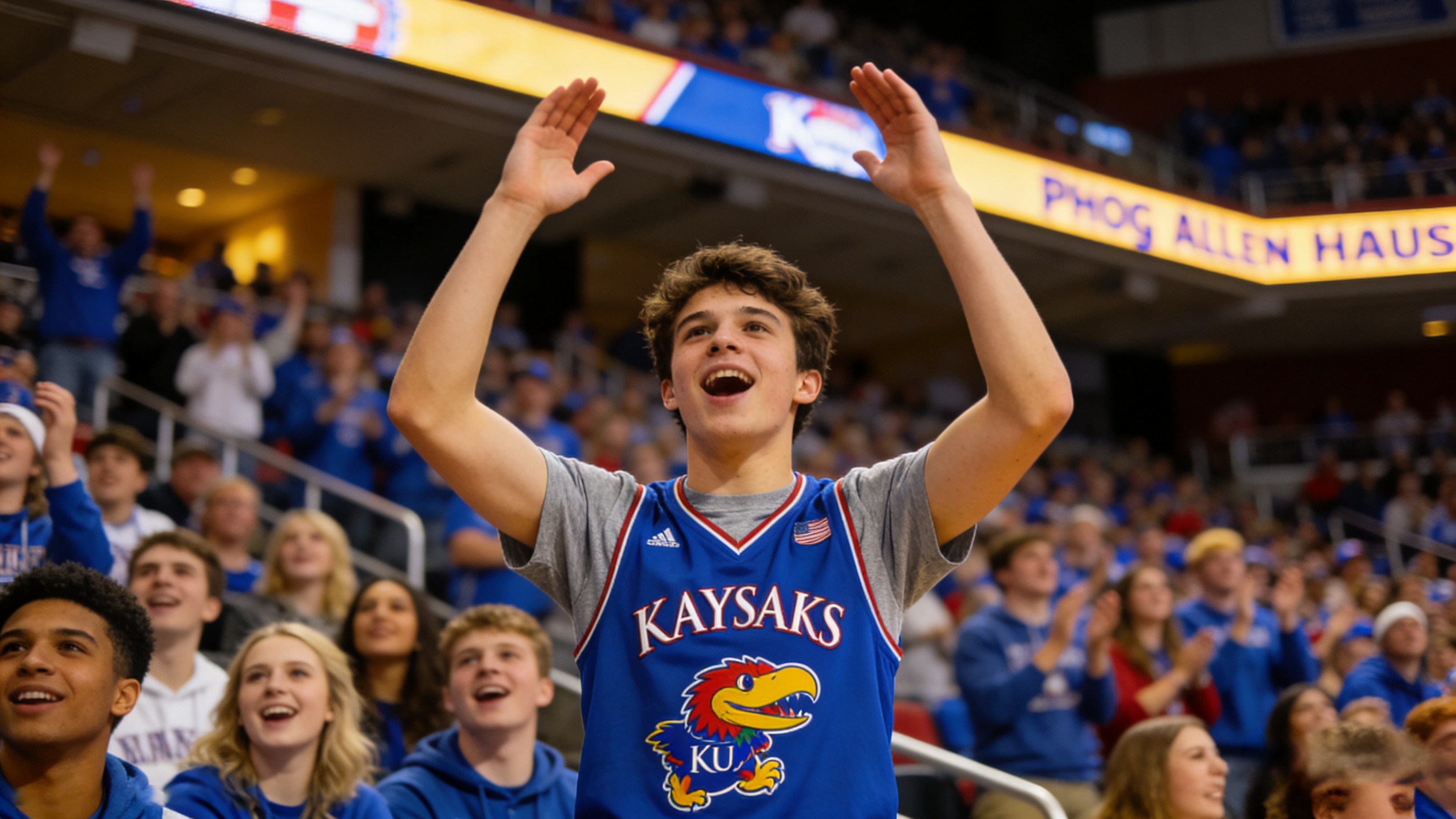 A fan wearing a Kansas Jayhawks jersey cheering at a basketball game.