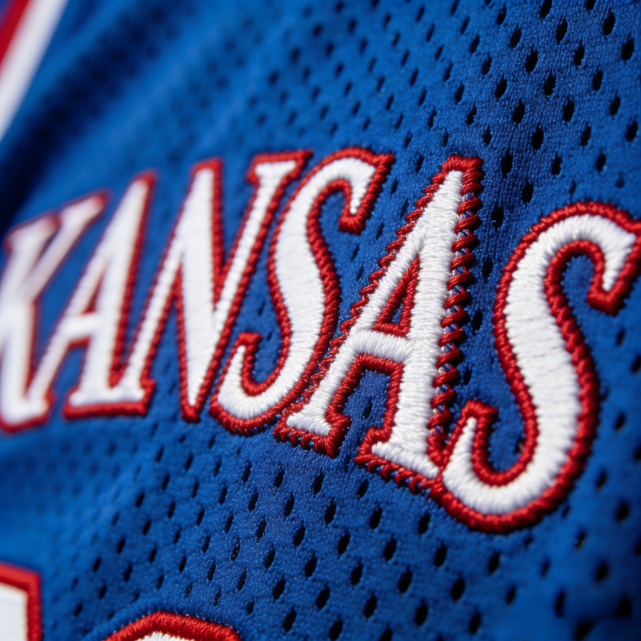 Macro close up of the white stitched KANSAS script on a blue jersey.