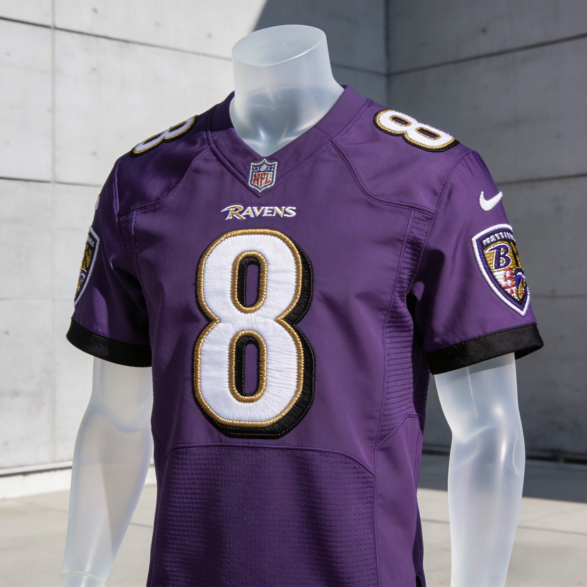 Purple Baltimore Ravens home jersey with Lamar Jackson number 8 stitched front view.