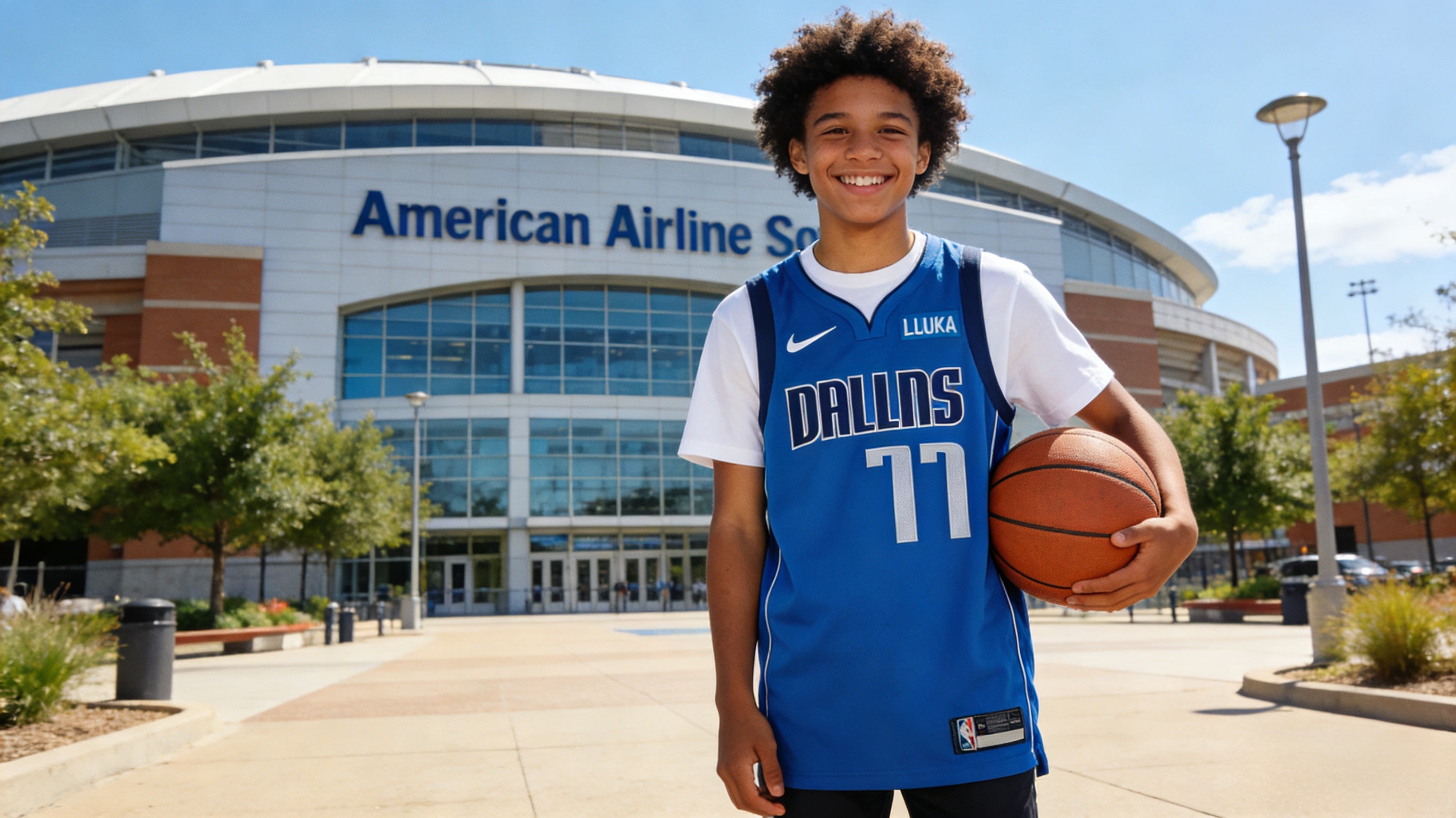 A happy fan wearing a Luka Doncic jersey in Dallas