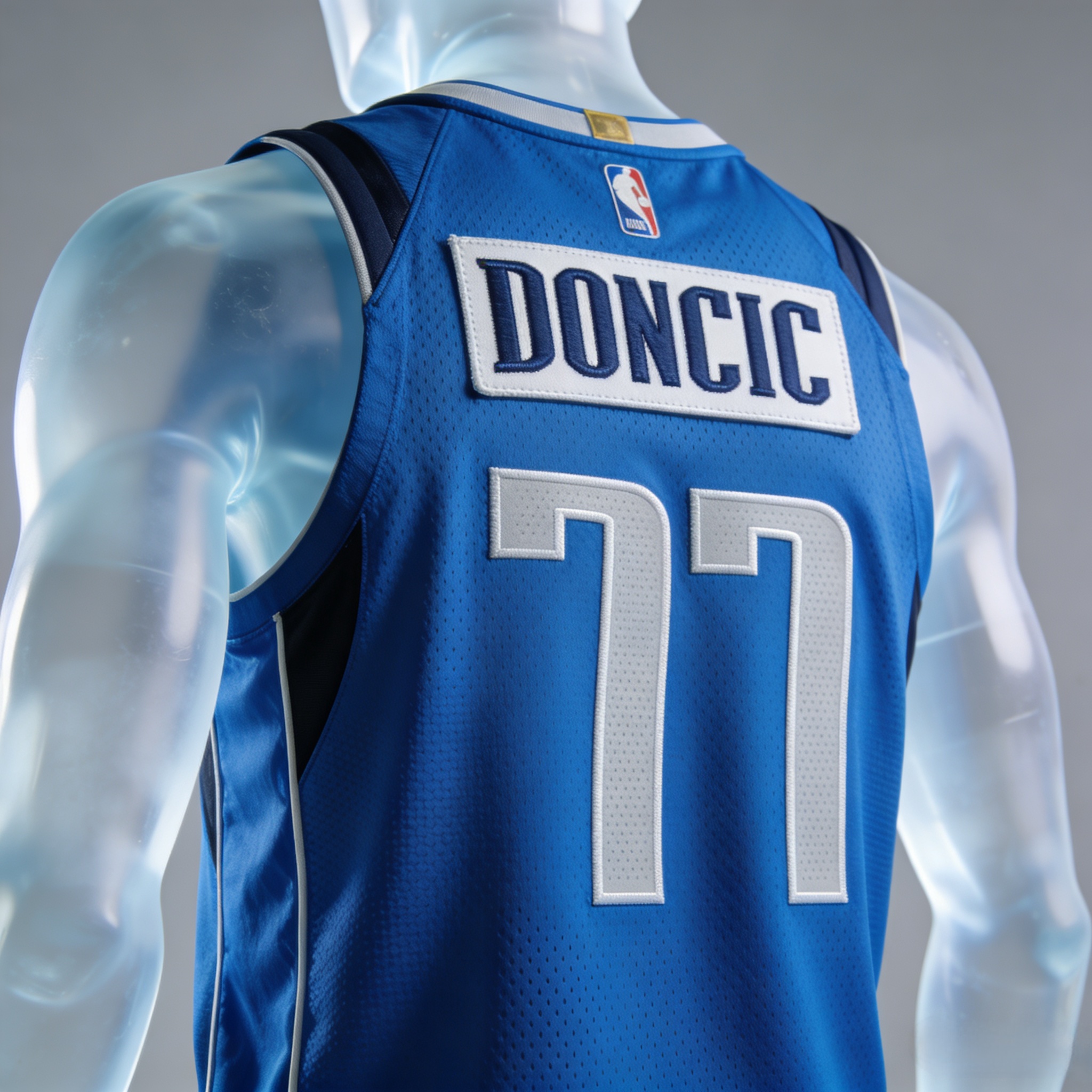 Stitched royal blue Luka Doncic Dallas Mavericks jersey front and back view.