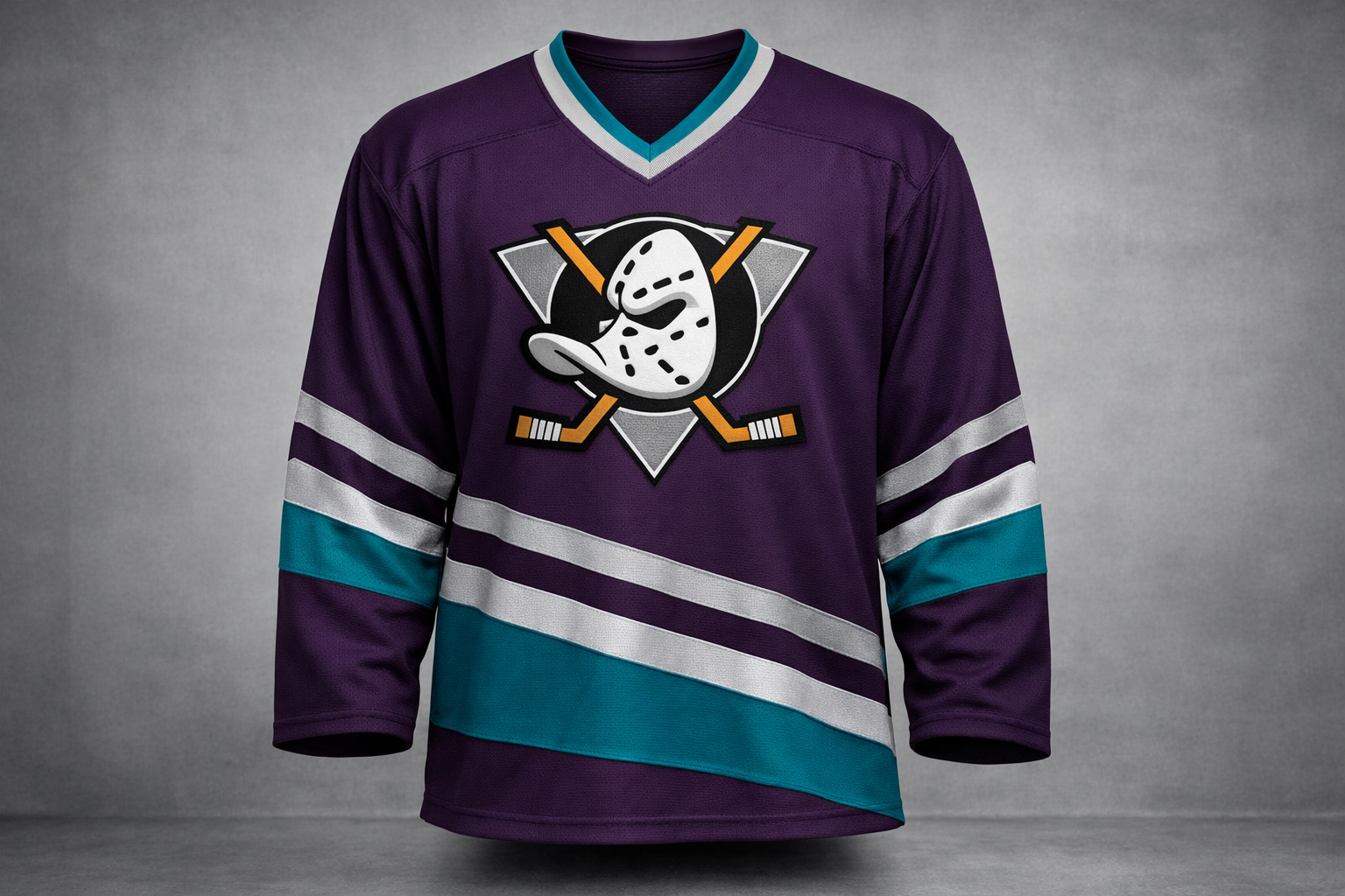 Eggplant purple and teal Mighty Ducks movie hockey jersey with stitched logo