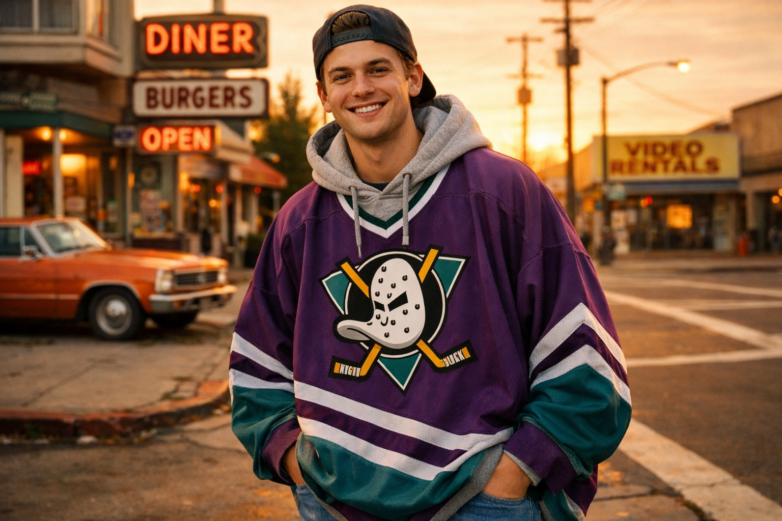 A fan wearing an oversized Mighty Ducks jersey over a hoodie at a street location.